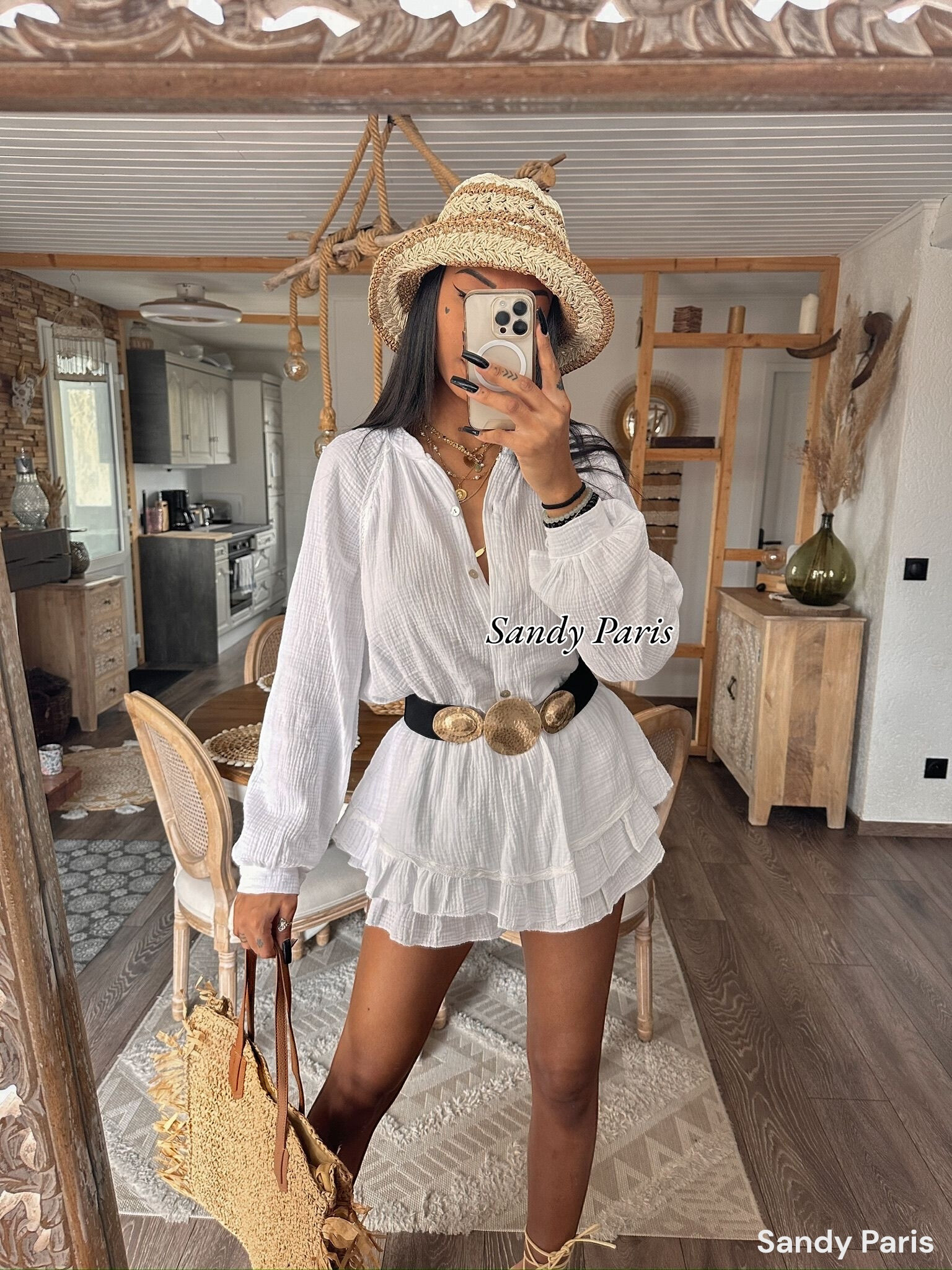 Grossiste Sandy Paris - Ensemble blouse manche bouffante et jupe-short en coton gaze