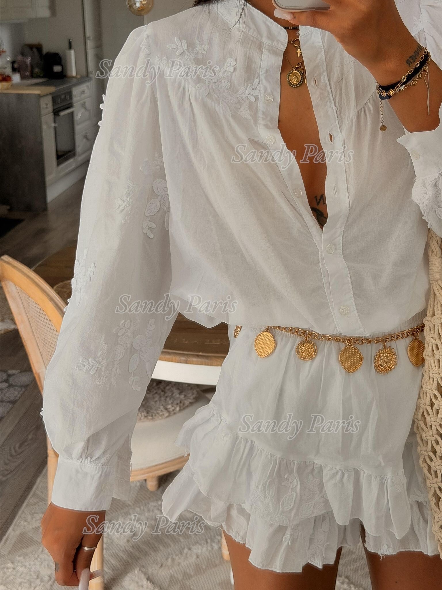 Grossista Sandy Paris - Completo Blusa Ricamata e Gonna-Pantalone con Volant – Stile Romantico