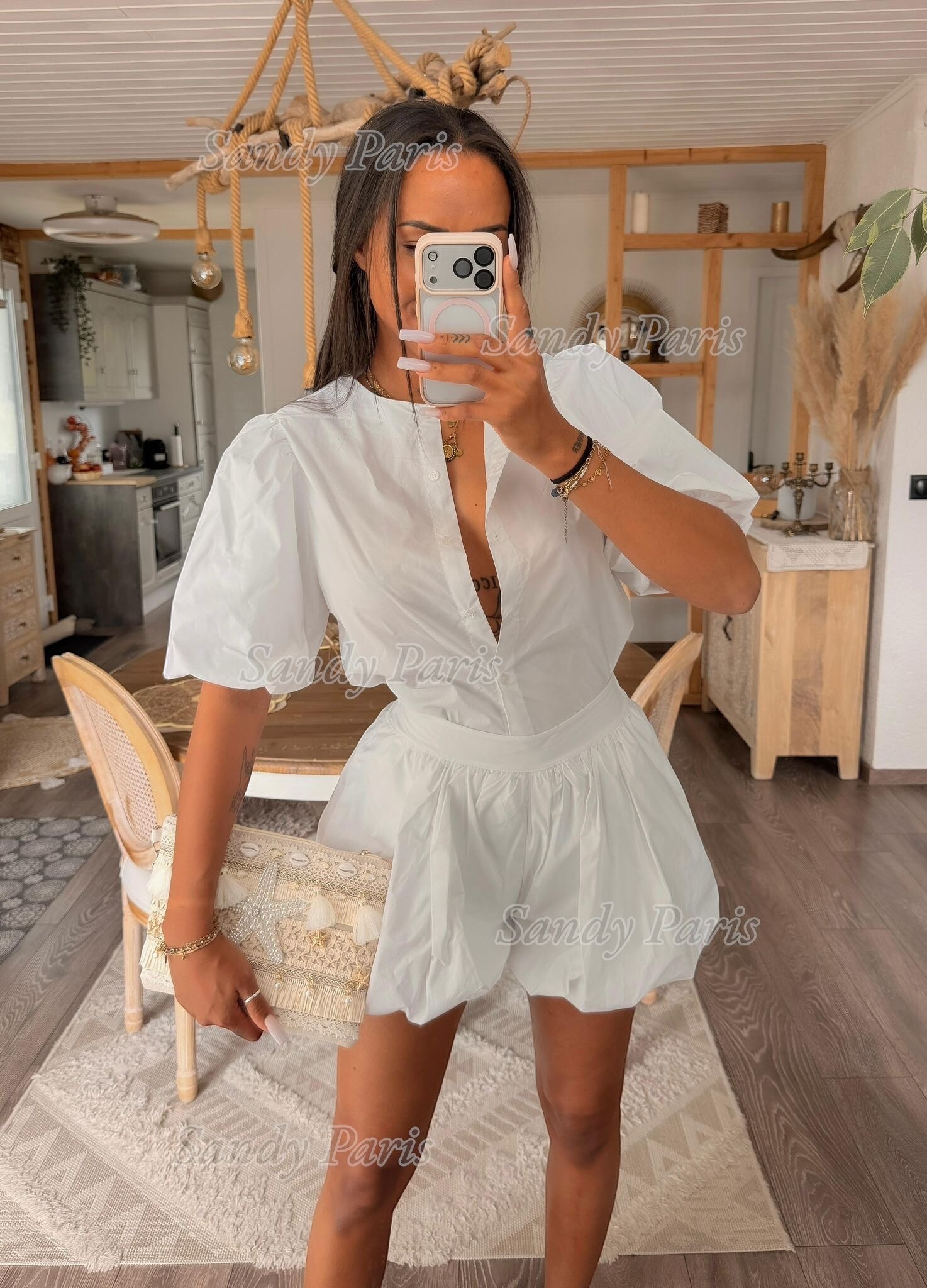 Grossista Sandy Paris - Completo con Top a Maniche a Palloncino e Shorts a Vita Elastica