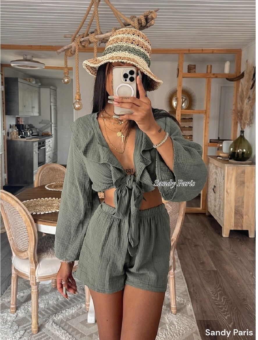 Grossiste Sandy Paris - Ensemble Bohème en Coton Gaze avec Nœud Frontal