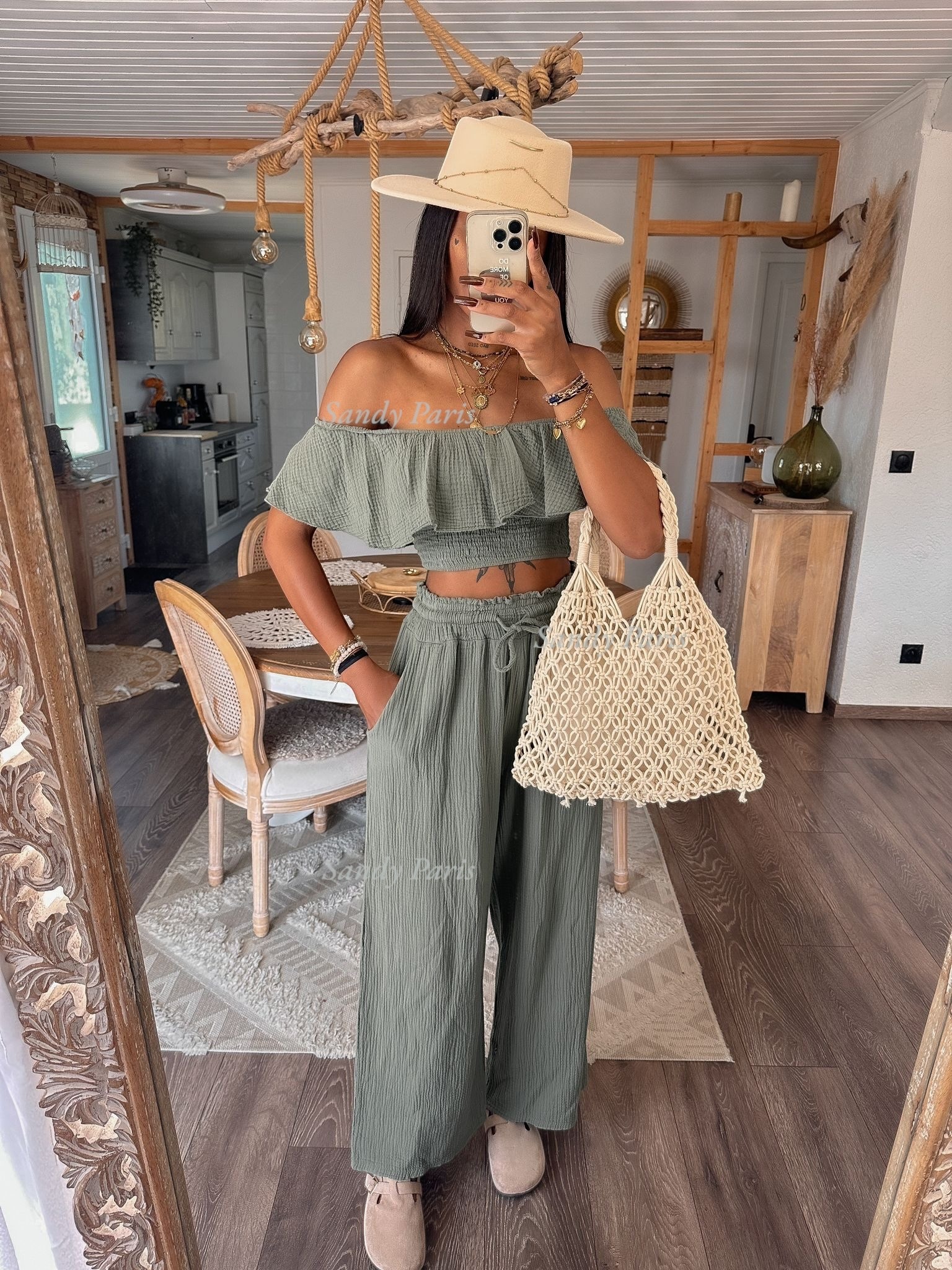 Mayorista Sandy Paris - Conjunto de Top con Hombros Descubiertos y Pantalón Ancho en Gasa de Algodón