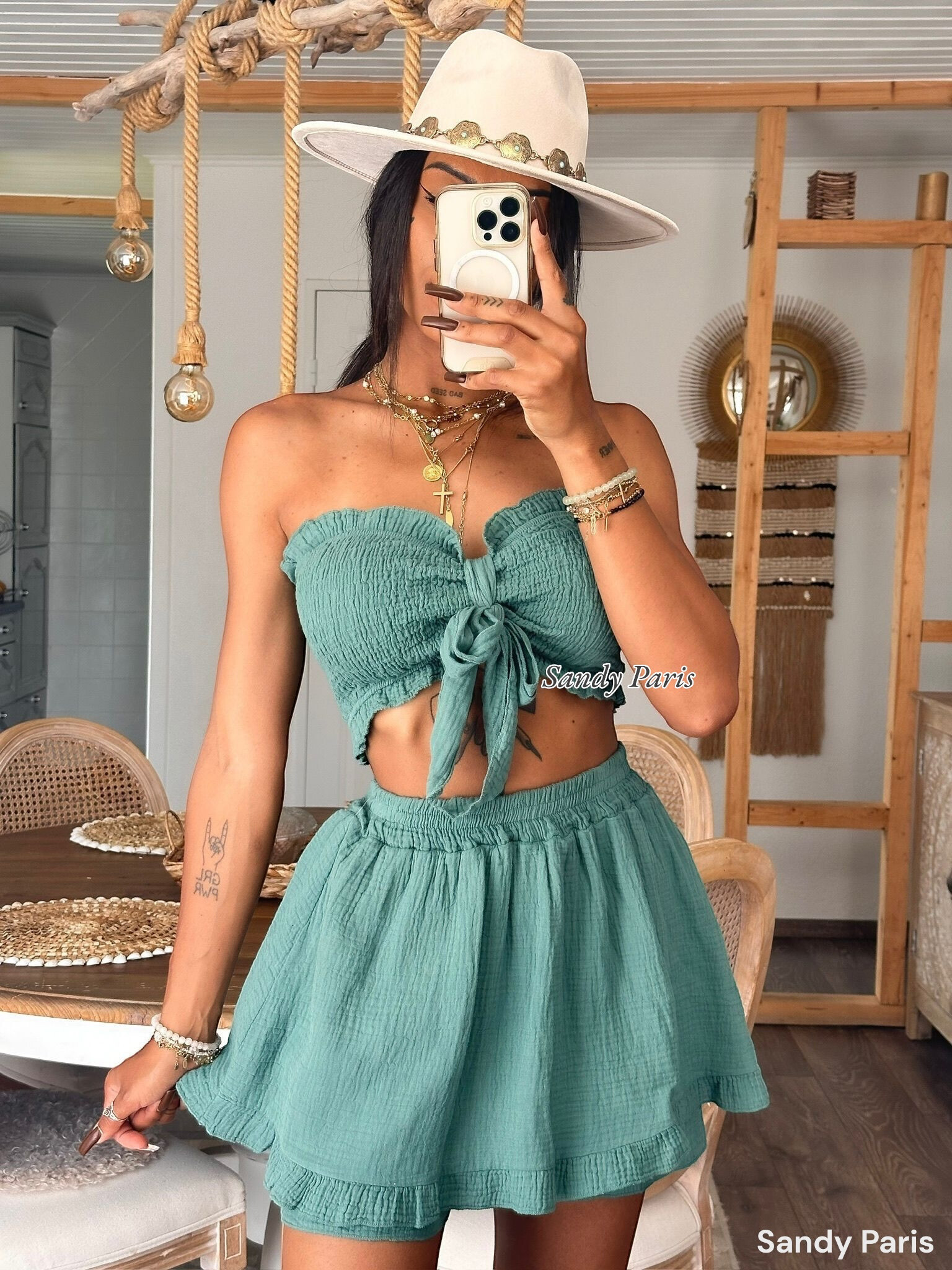 Grossiste Sandy Paris - Ensemble en coton gaze bandeau à nœud et jupe-short- Look Estival et Bohème