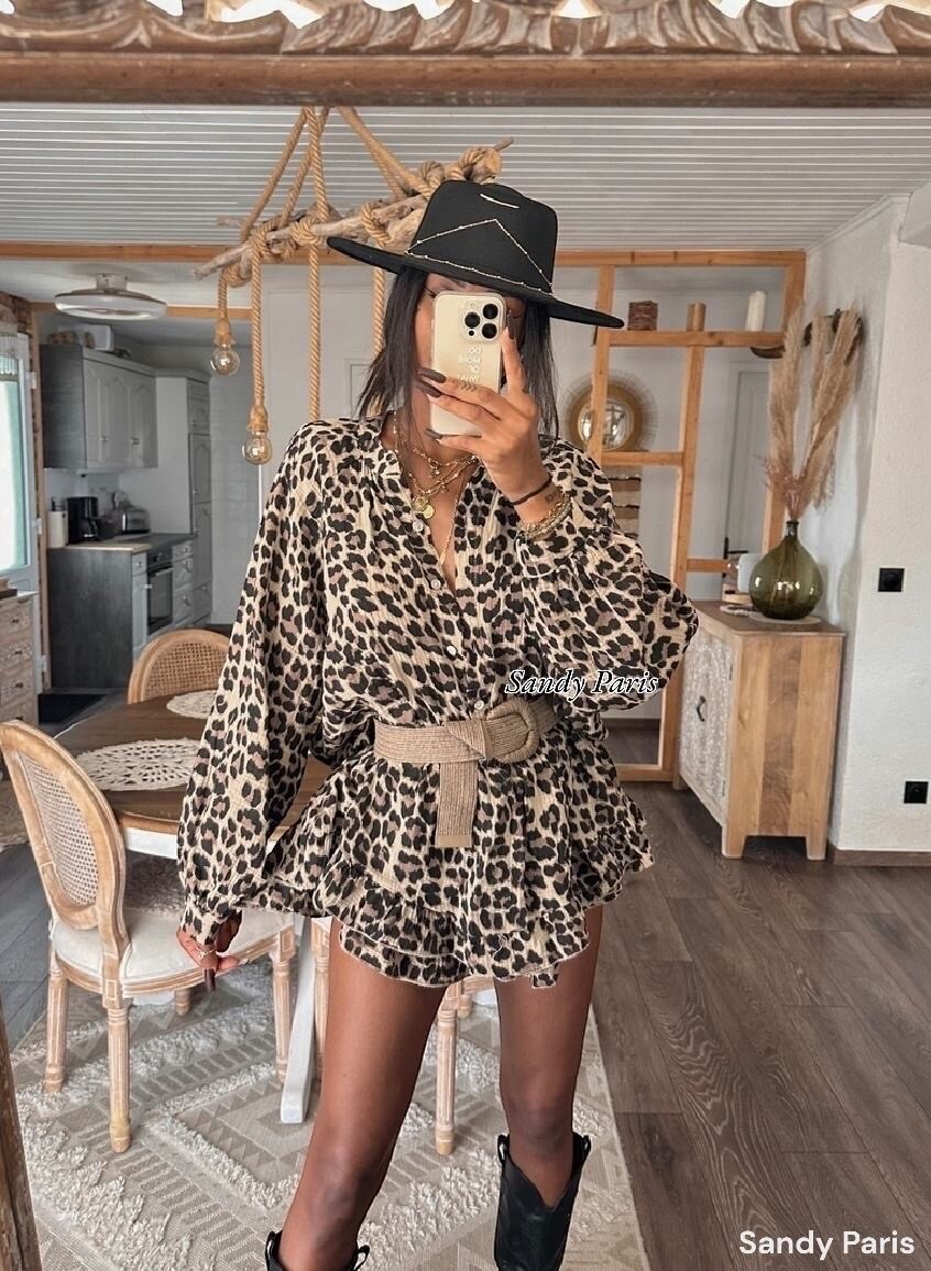 Grossista Sandy Paris - Completo camicia con gonna-pantaloncino in cotone garza leopardato