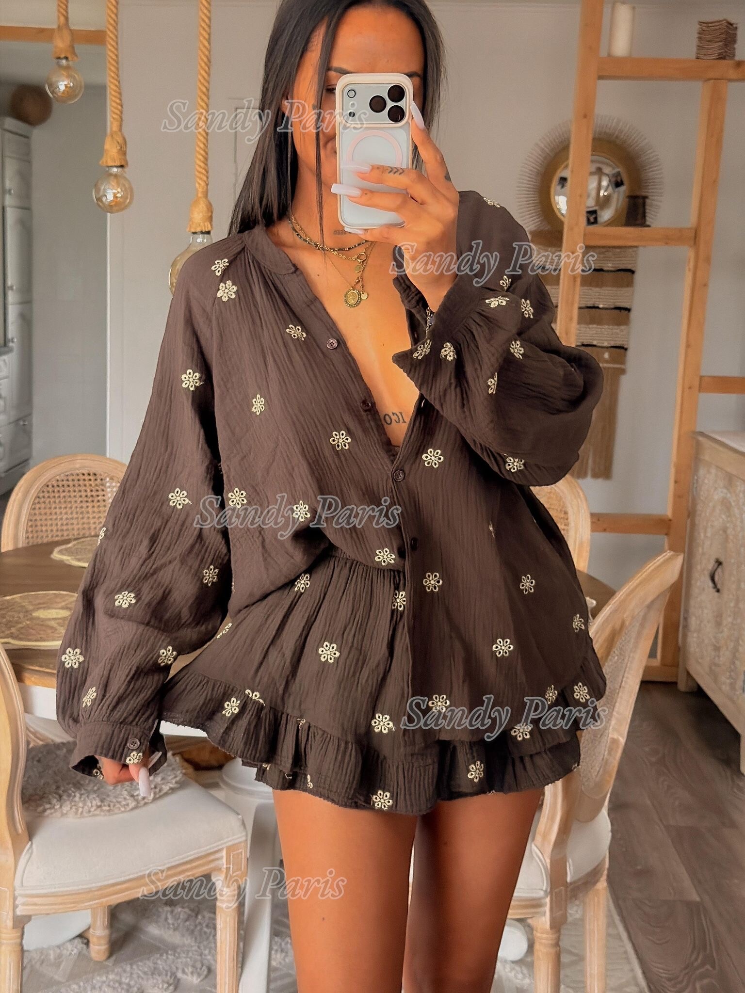 Mayorista Sandy Paris - Conjunto de algodón de gasa bordado – Camisa fluida y falda-pantalón con volantes