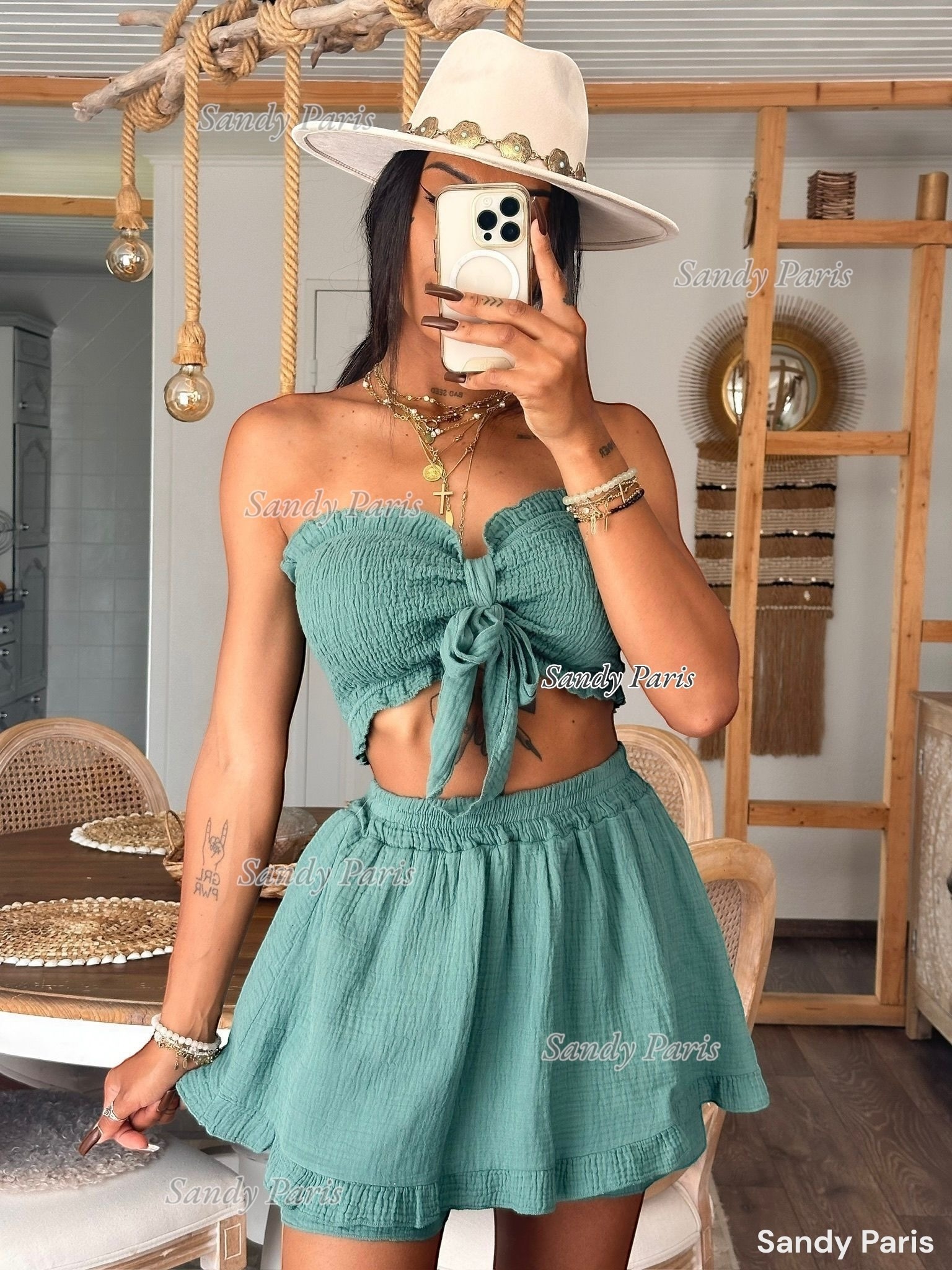 Großhändler Sandy Paris - Baumwoll-Gaze-Bandeau mit Schleife und Rock-Shorts-Set - Sommer- und Bohème-Look