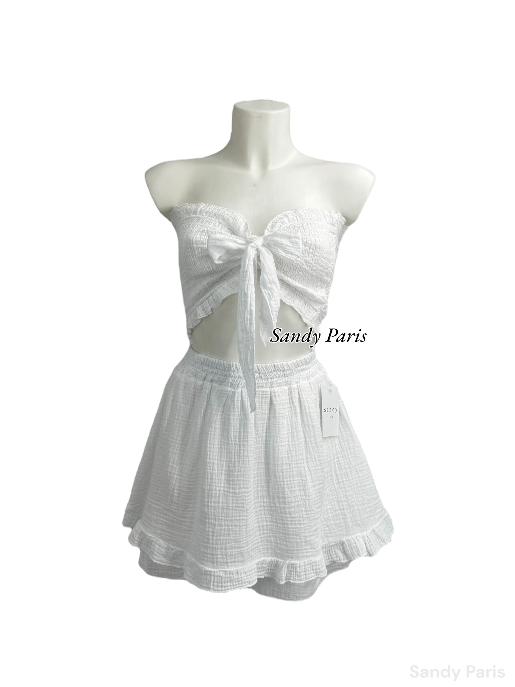 Grossista Sandy Paris - Bandeau in garza di cotone con fiocco e gonna-pantaloncino - Look estivo e bohémien