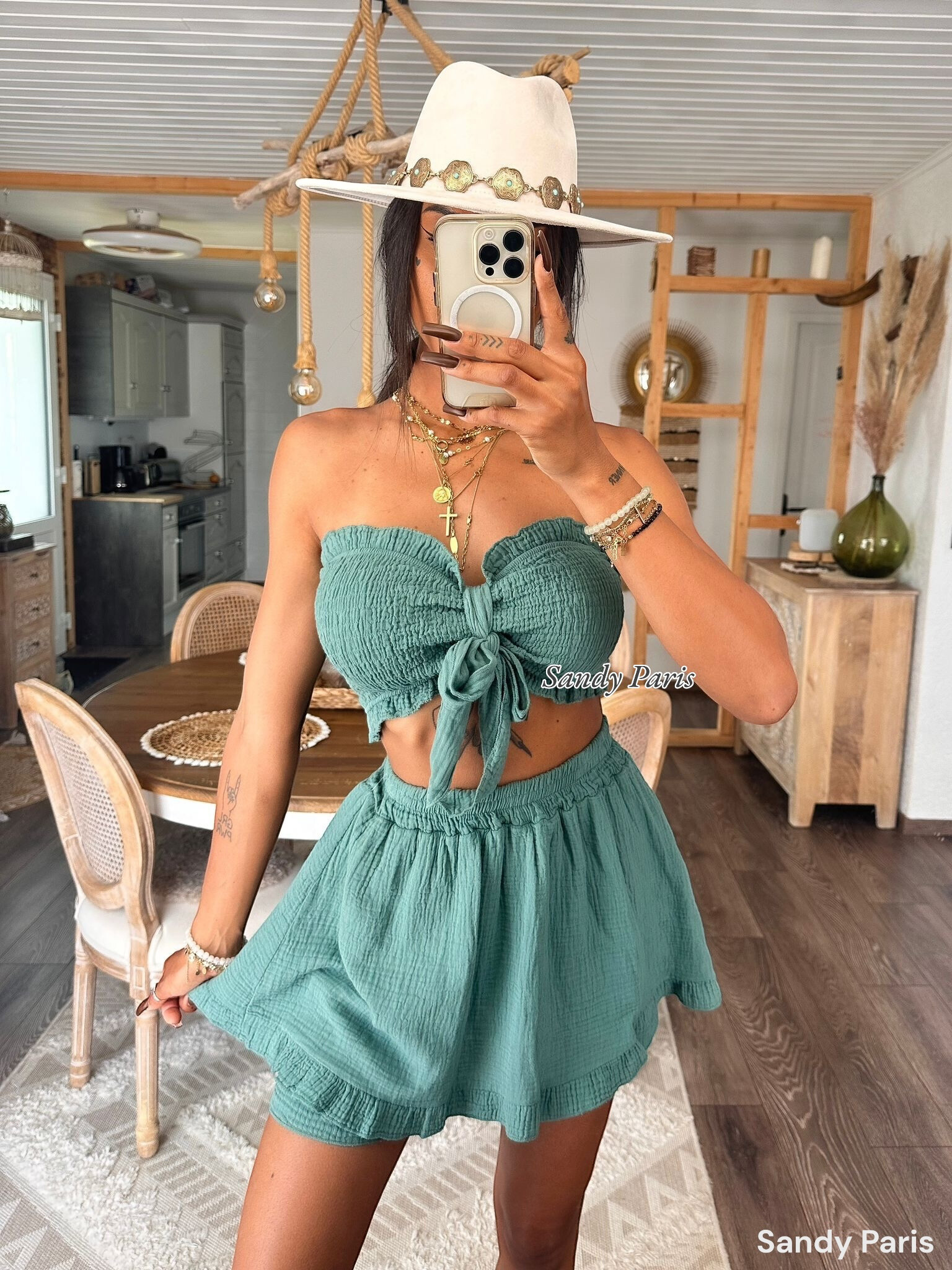 Grossiste Sandy Paris - Ensemble en coton gaze bandeau à nœud et jupe-short- Look Estival et Bohème