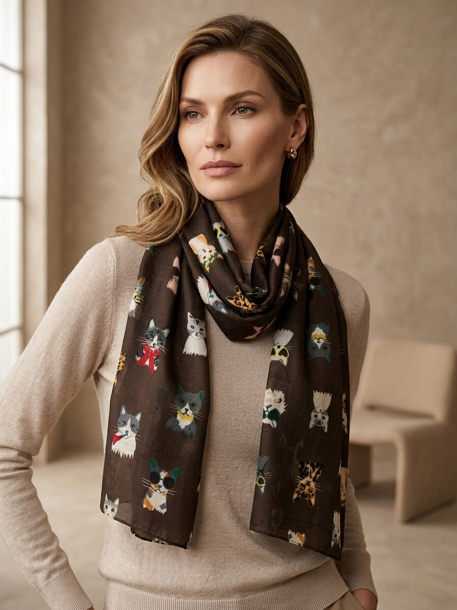 Grossiste Sandy Paris - Foulard Écharpe imprimé motif chat avec dorure