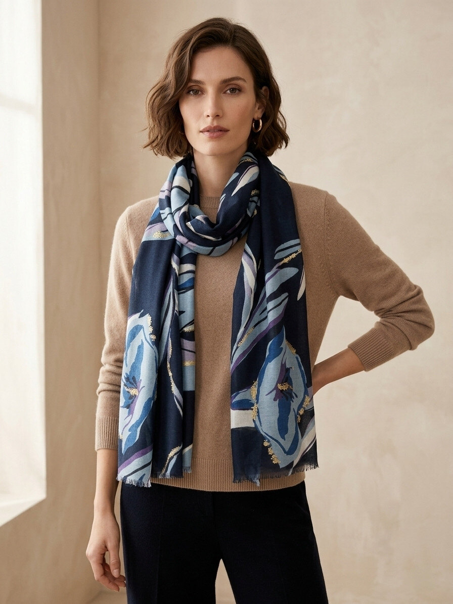 Grossiste Sandy Paris - Foulard Écharpe imprimé motif fleurs avec dorure