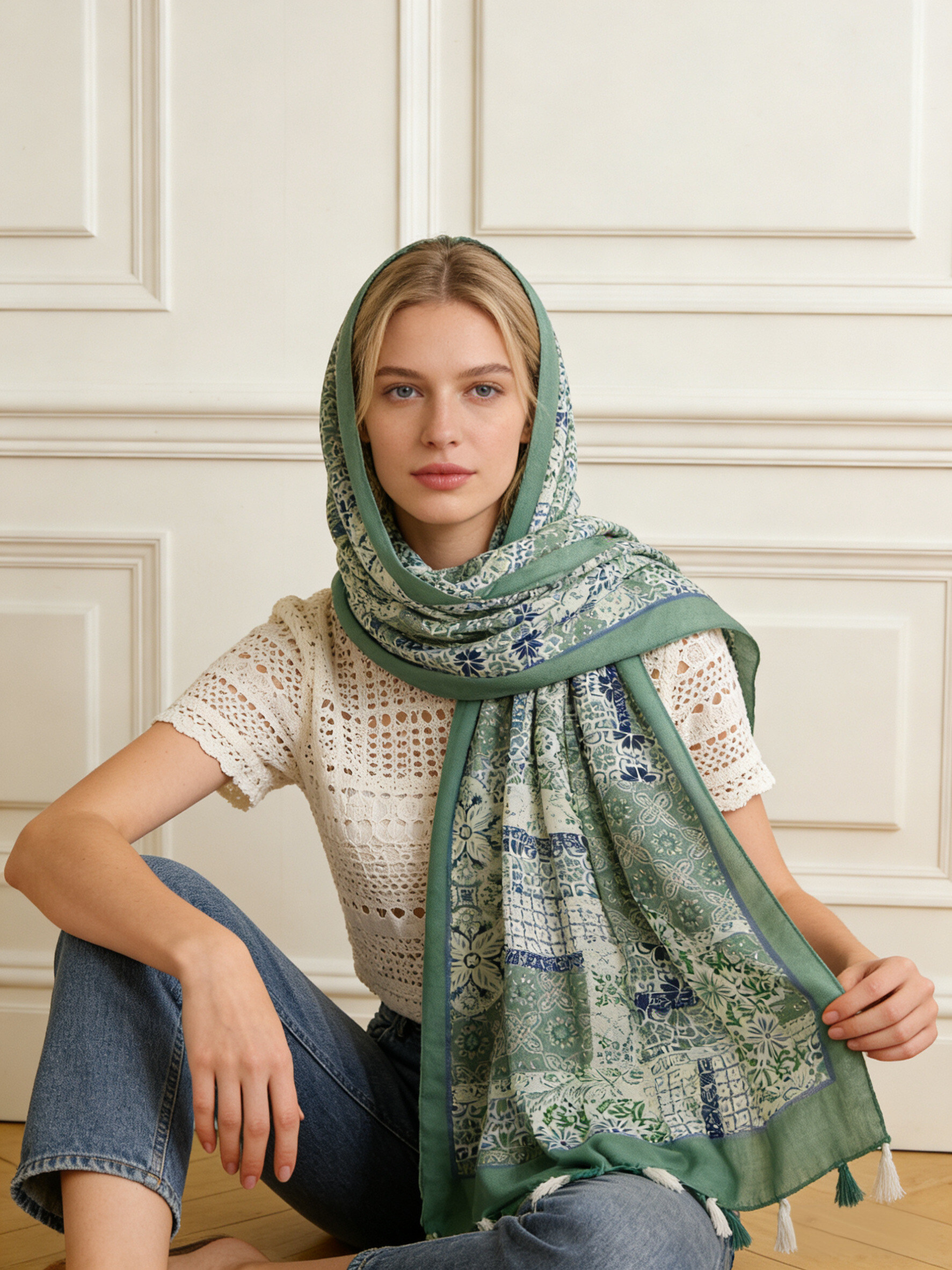Grossista Sandy Paris - Foulard stampato con nappine