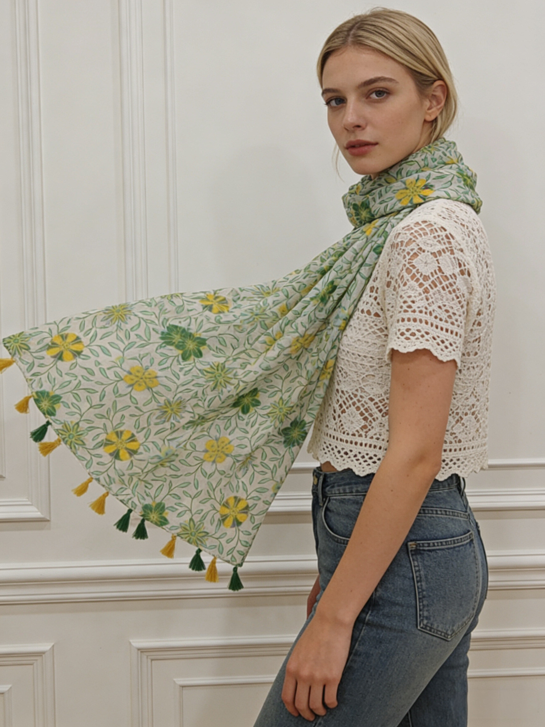 Grossista Sandy Paris - Foulard stampato con nappine