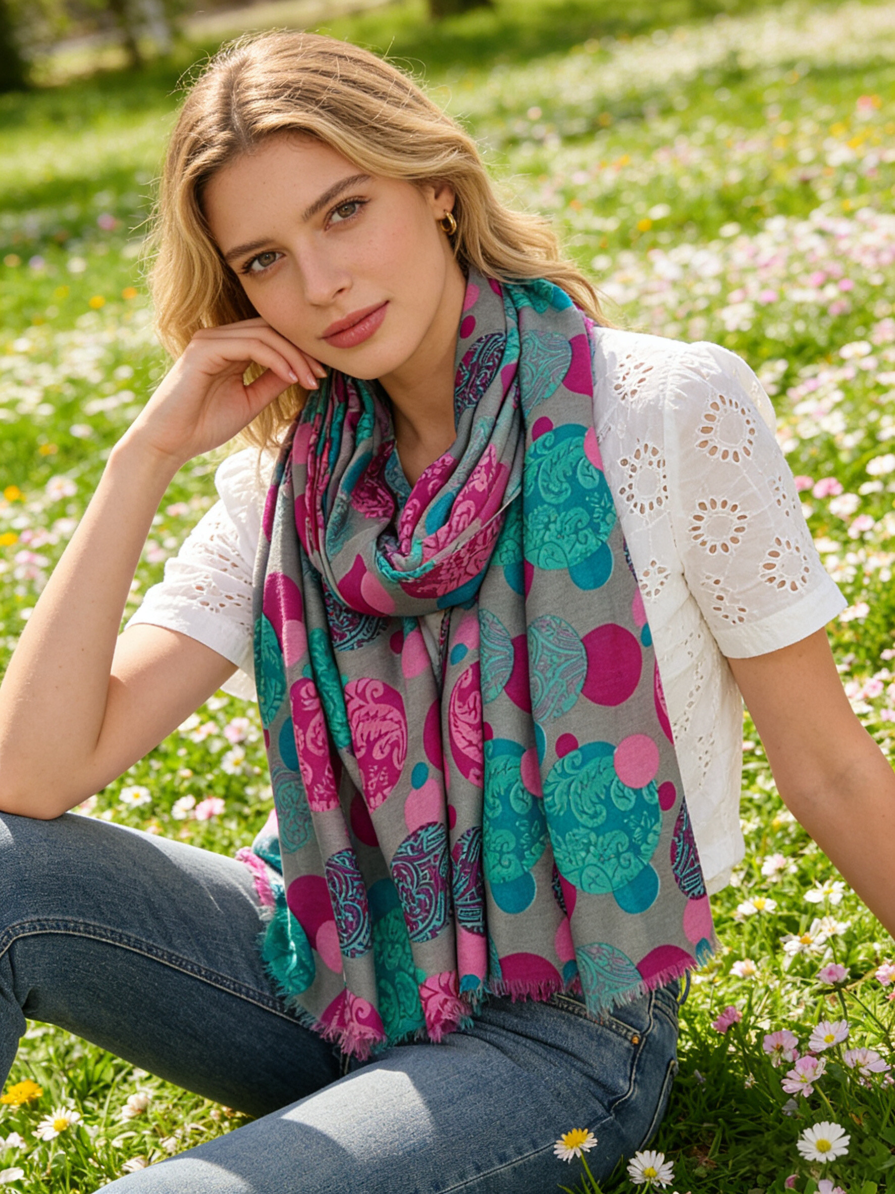 Grossista Sandy Paris - Foulard stampato con nappine