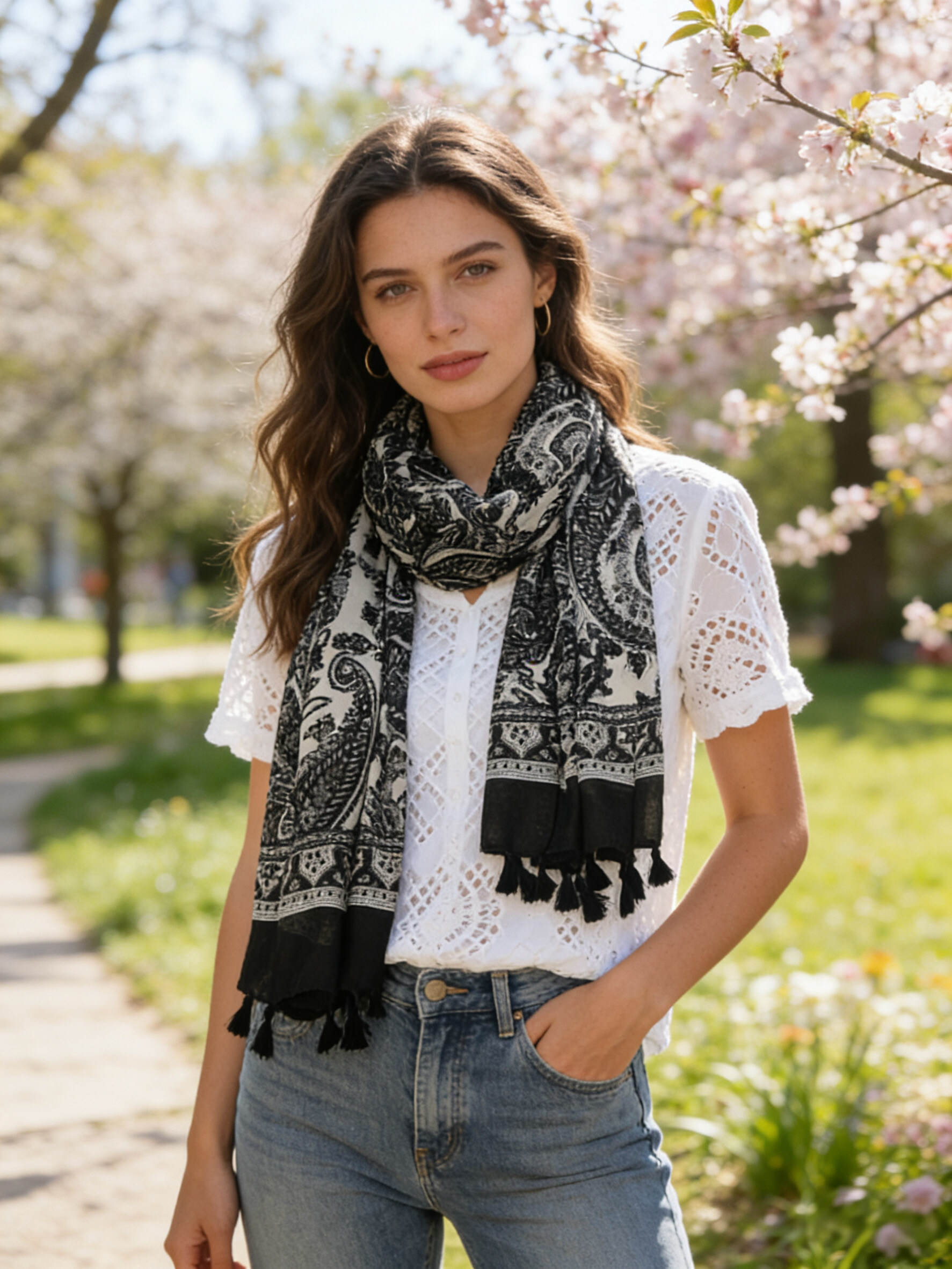 Grossista Sandy Paris - Foulard stampato con nappine