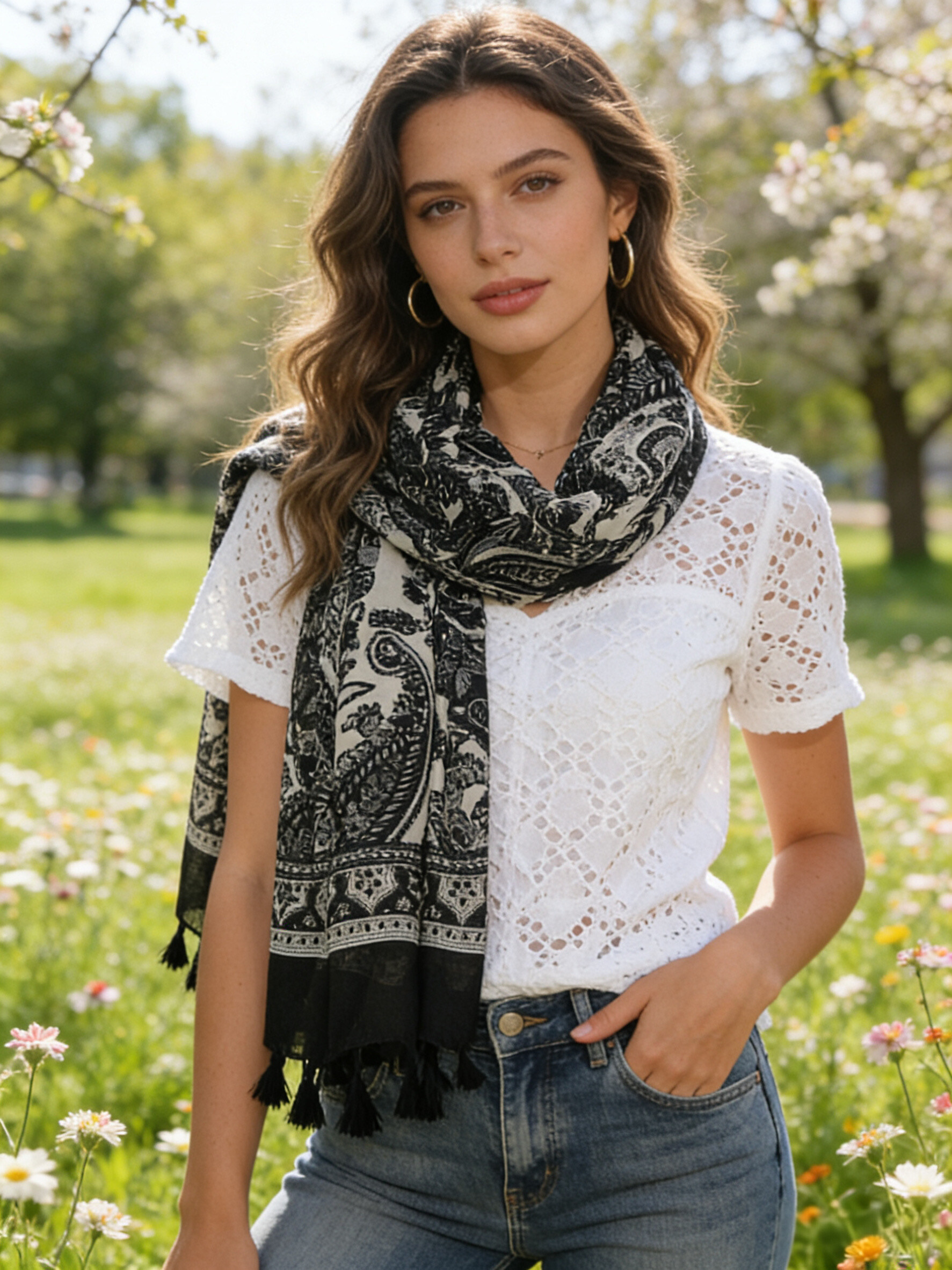 Mayorista Sandy Paris - Pañuelo estampado con borlas