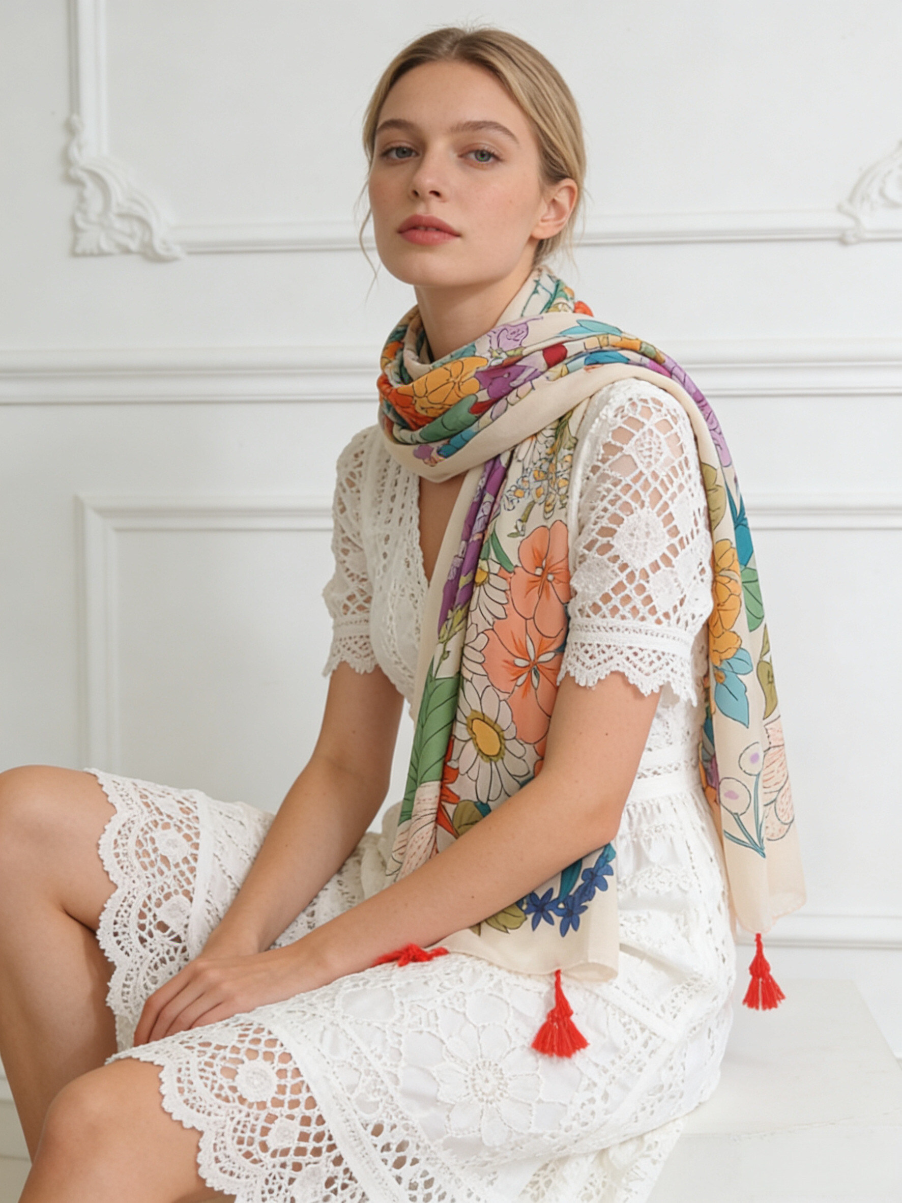 Mayorista Sandy Paris - Pañuelo estampado con borlas