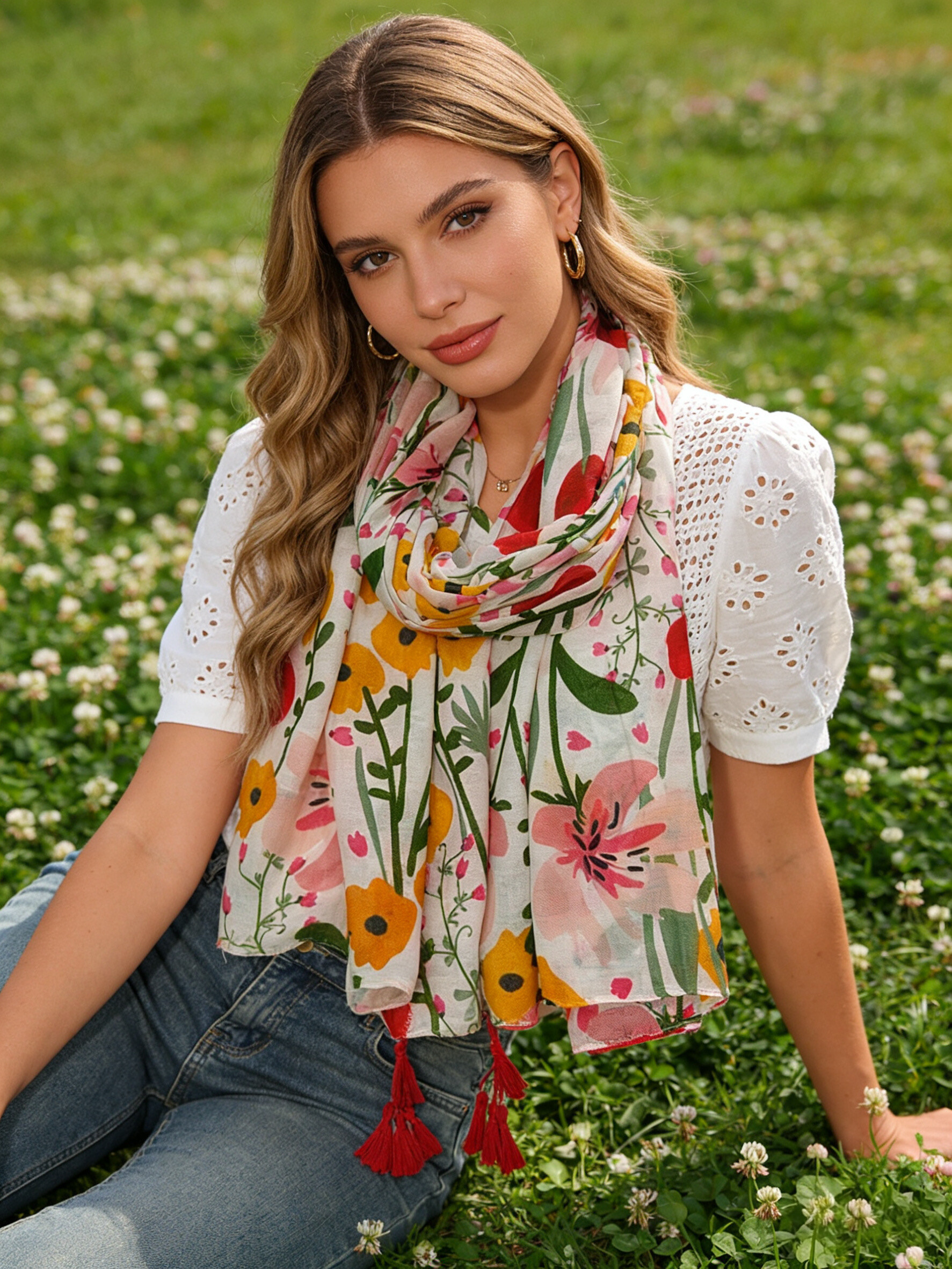 Grossista Sandy Paris - Foulard stampato con nappine