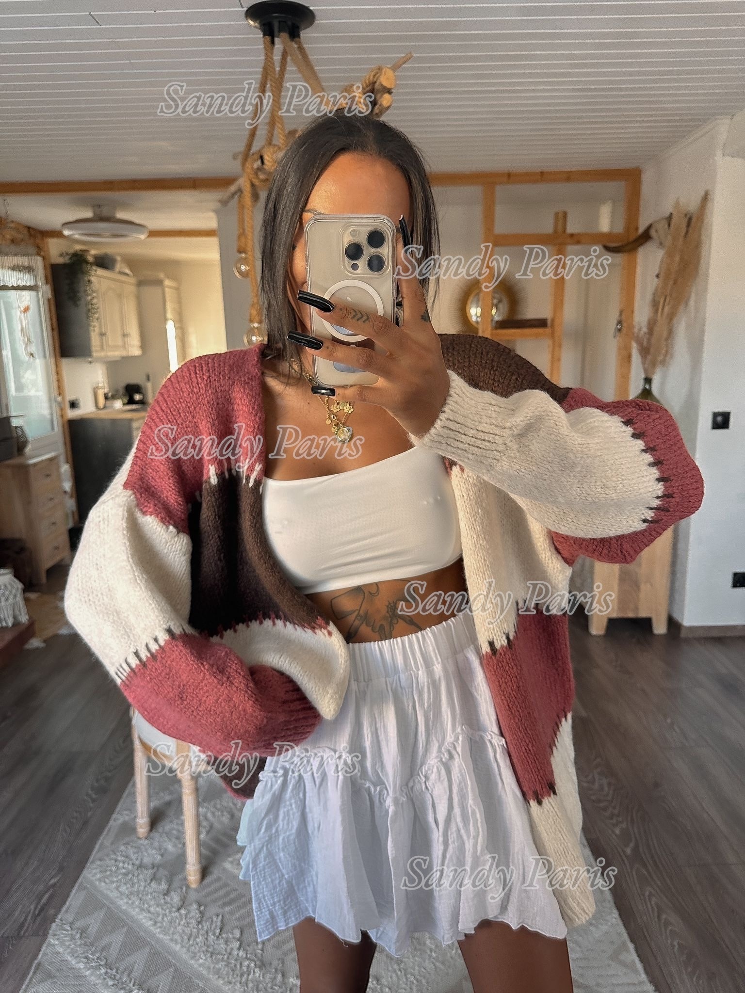 Grossiste Sandy Paris - Gilet oversize en maille épaisse à rayures contrastée