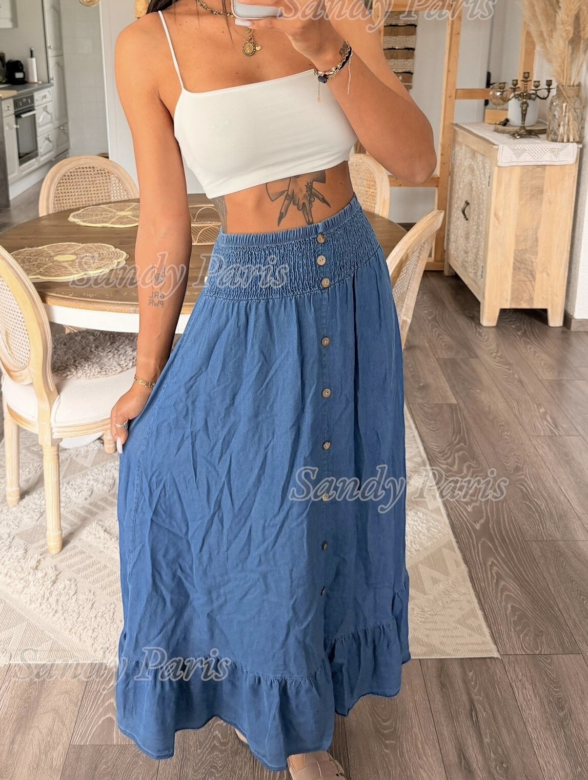 Grossista Sandy Paris - Gonna lunga in lyocell denim con vita arricciata e taglio fluido