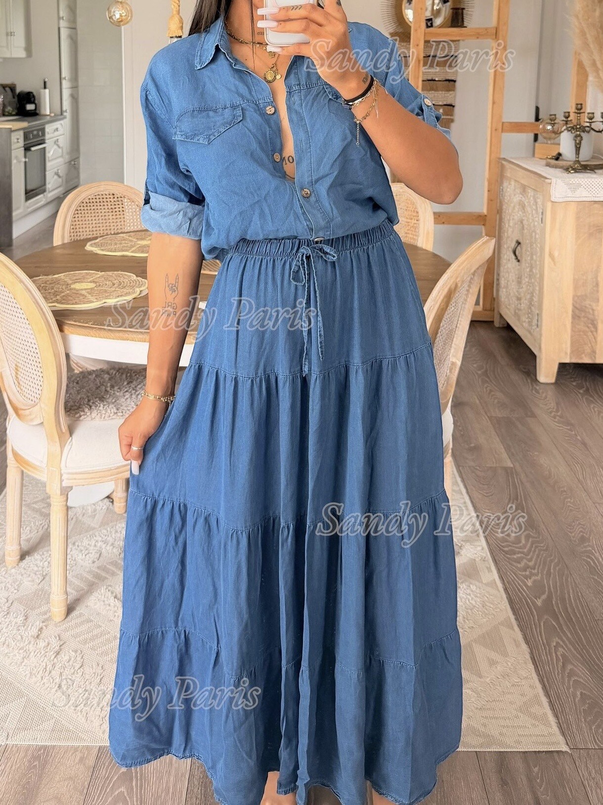 Grossista Sandy Paris - Gonna lunga in lyocell denim – Vestibilità ampia con volant