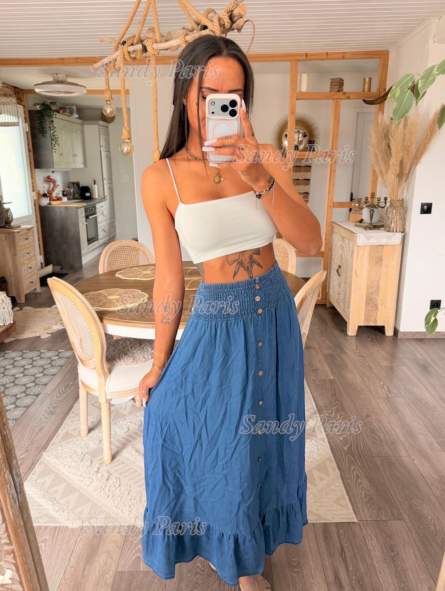 Grossista Sandy Paris - Gonna lunga in lyocell denim con vita arricciata e taglio fluido