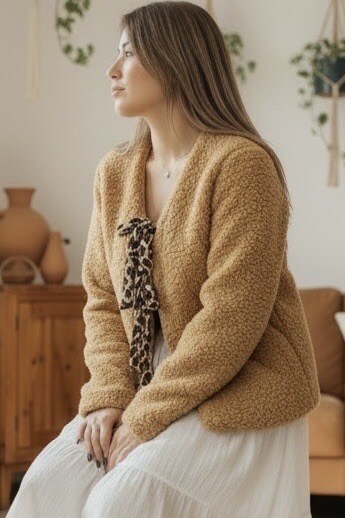 Wholesaler Sandy Paris - Synthetic Shearling Jacket with Leopard Bow