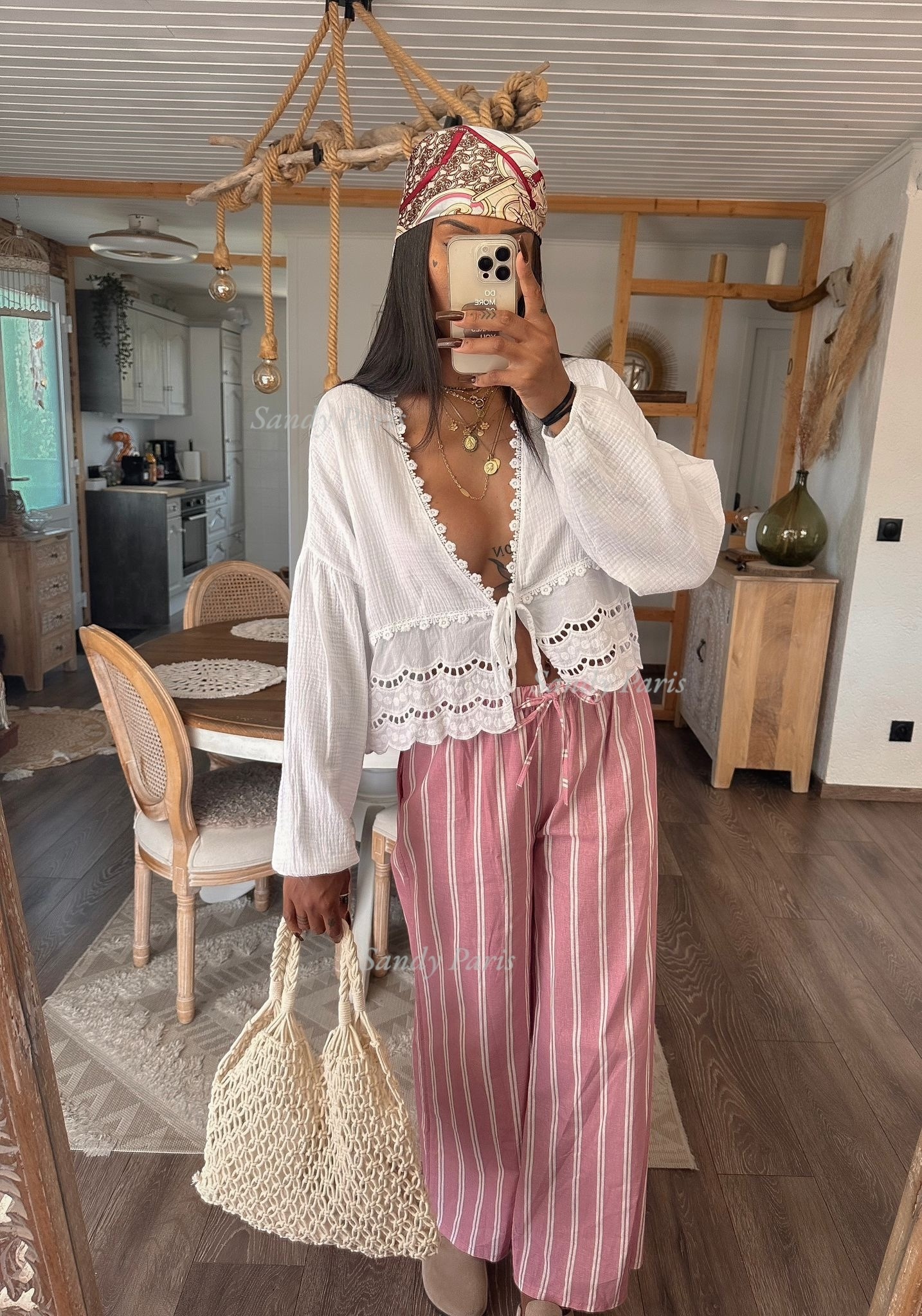 Grossista Sandy Paris - Pantaloni a Gamba Larga a Righe in Misto Lino con Tasche – Eleganza Casual