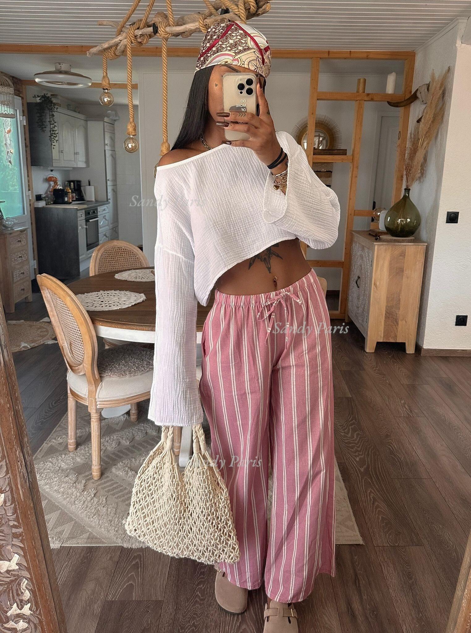 Wholesaler Sandy Paris - Wide Striped Linen Blend Pants with Pockets - Casual Elegance