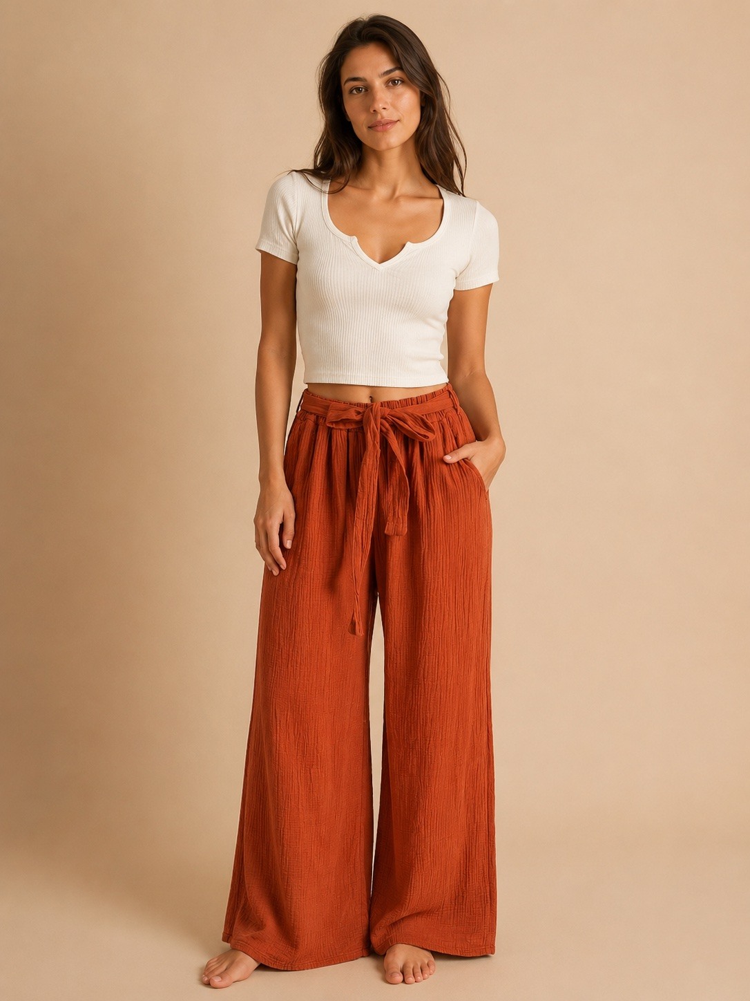 Großhändler Sandy Paris - Weite Hose aus Baumwollgaze mit Taschen