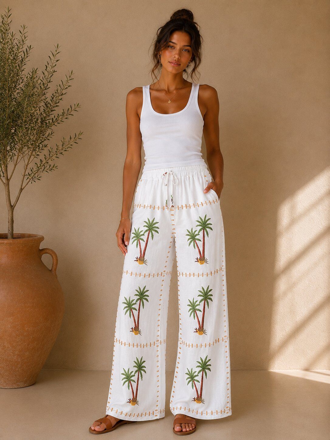 Mayorista Sandy Paris - Pantalones anchos de algodón con estampado de palmeras