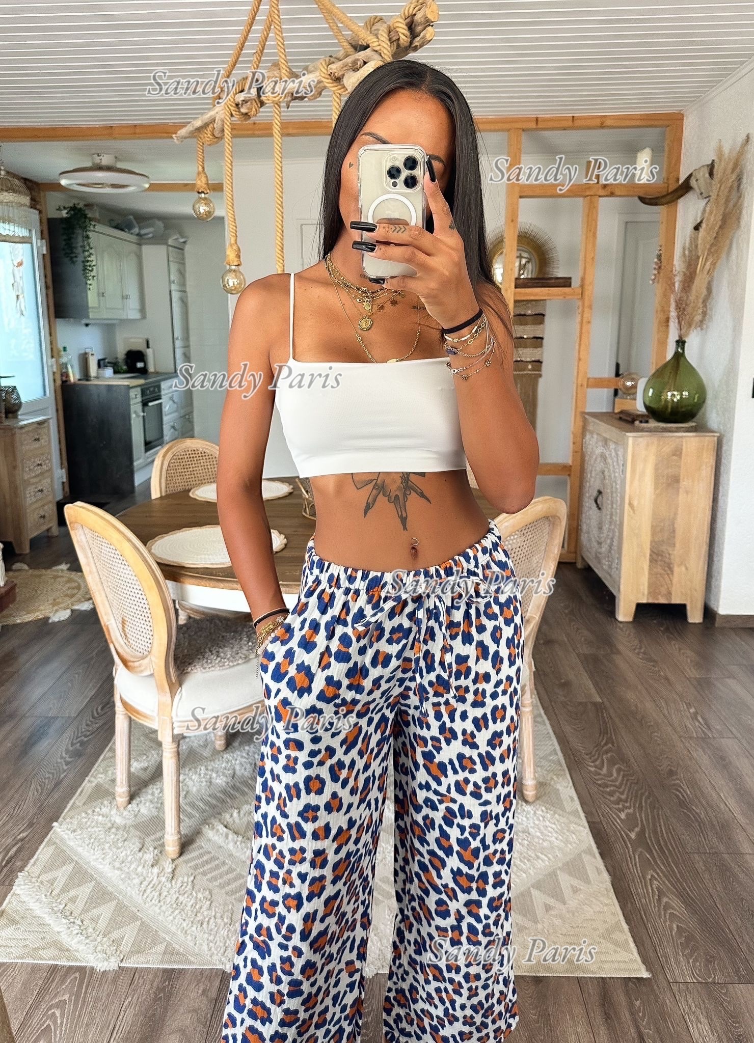 Grossista Sandy Paris - Pantaloni ampi in garza di cotone con stampa leopardata