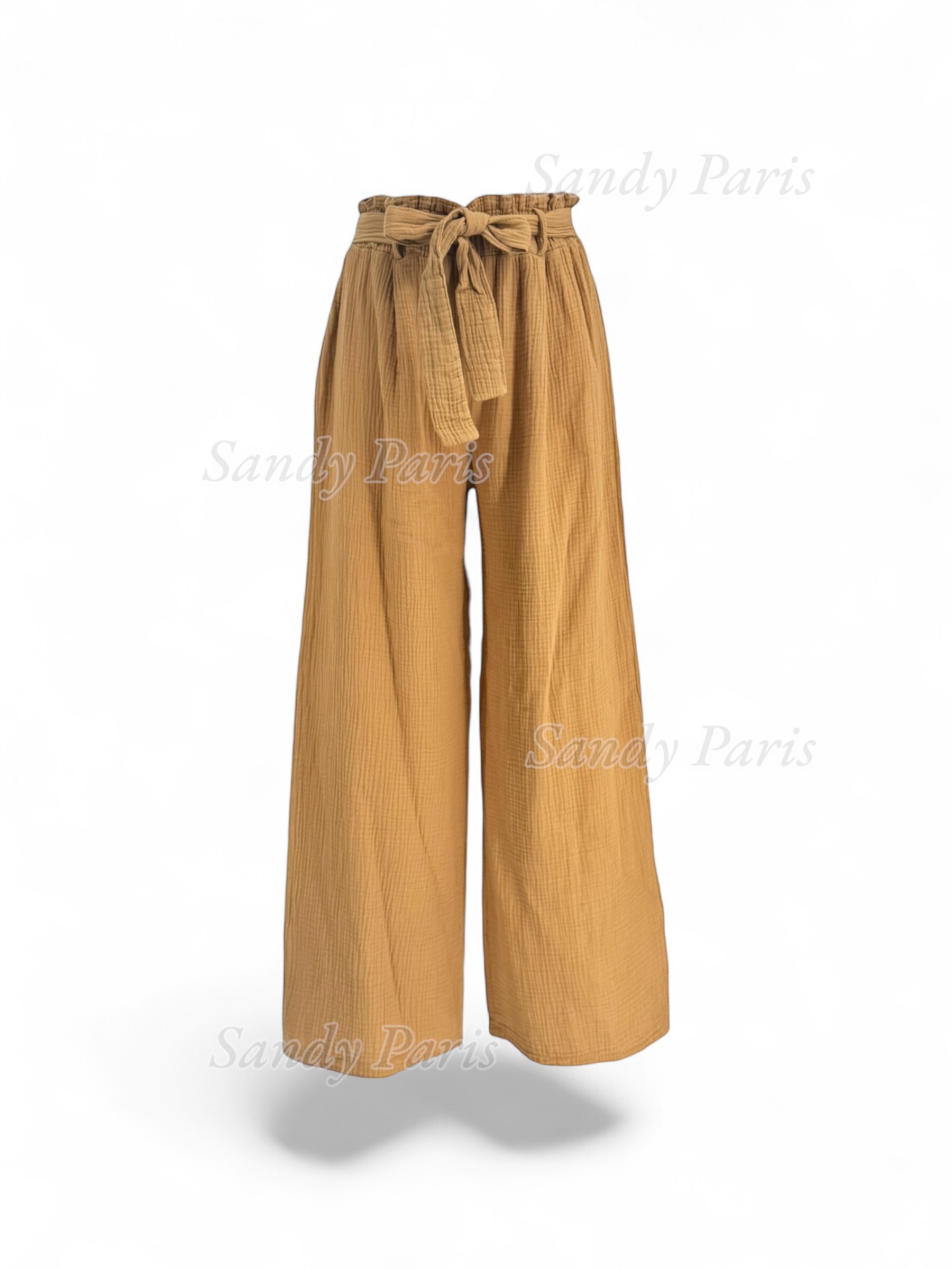 Grossista Sandy Paris - Pantaloni larghi in garza di cotone con cintura da annodare