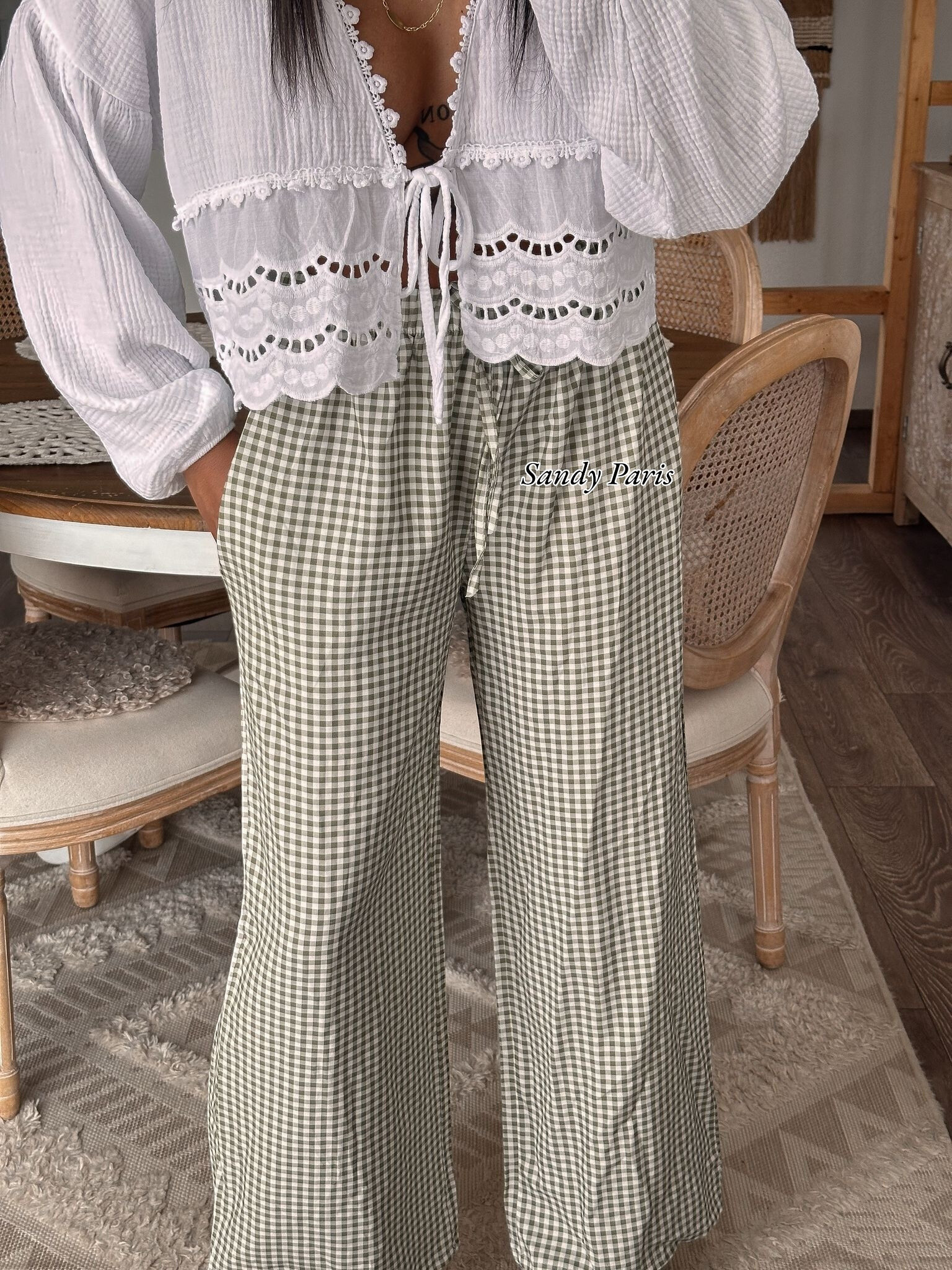 Grossiste Sandy Paris - Pantalon large en lin mélangé à carreaux