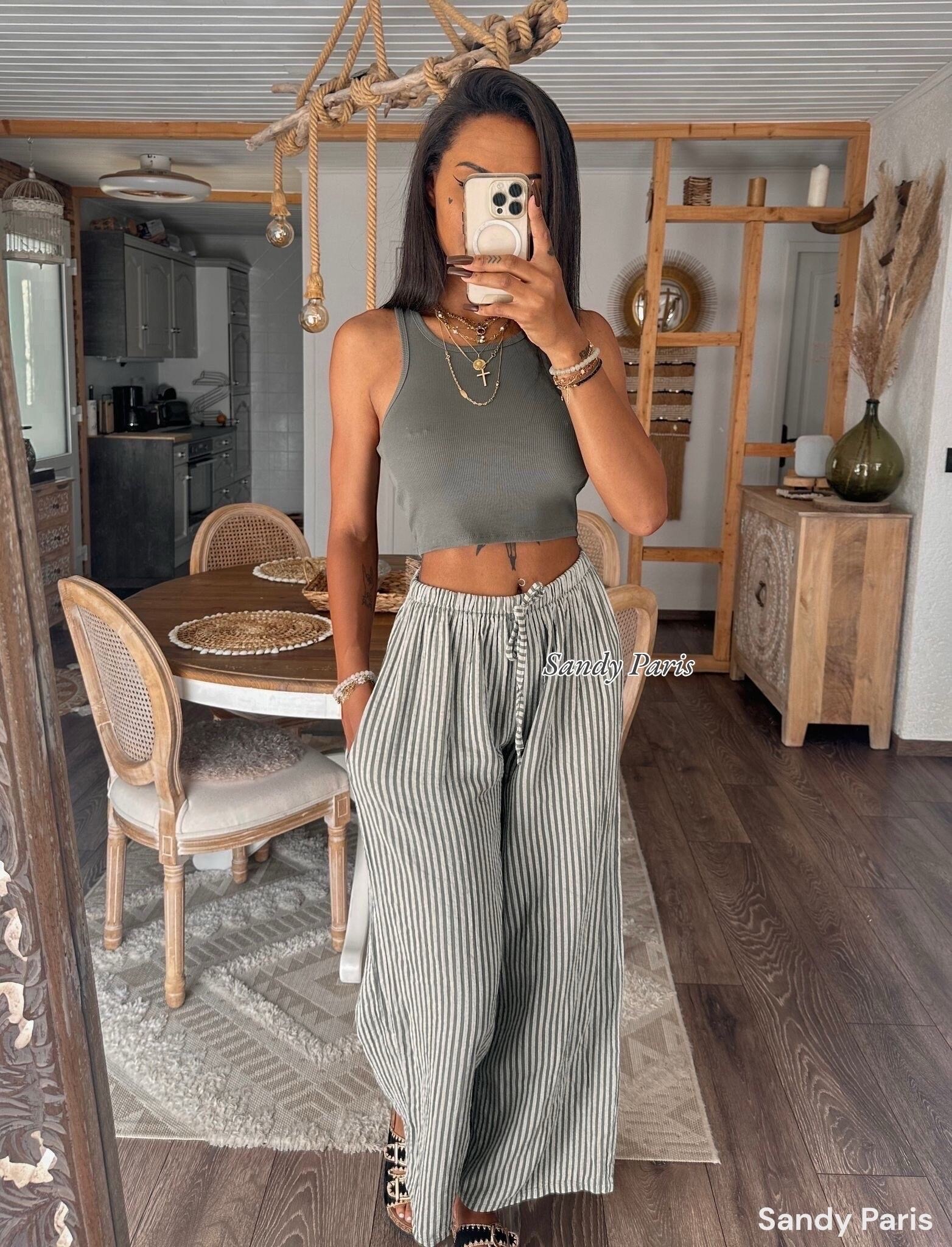 Grossista Sandy Paris - Pantaloni a righe in cotone garza
