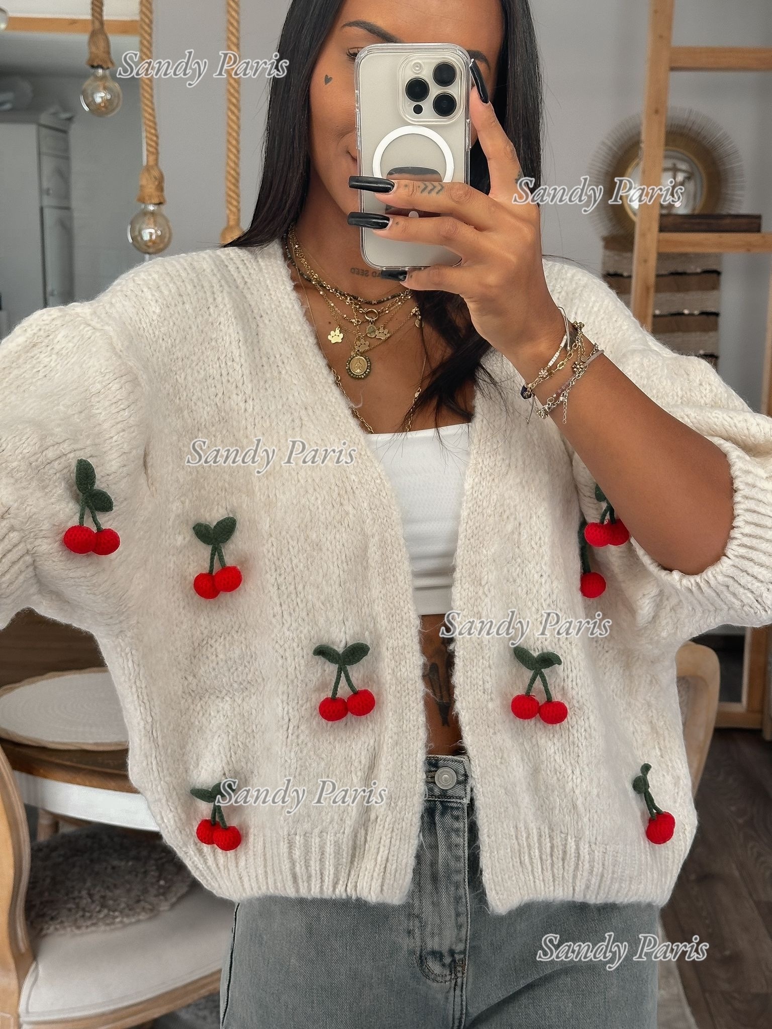 Grossiste Sandy Paris - Cardigan Oversize en laine et mohair avec Détails Cerises - Sandy Paris