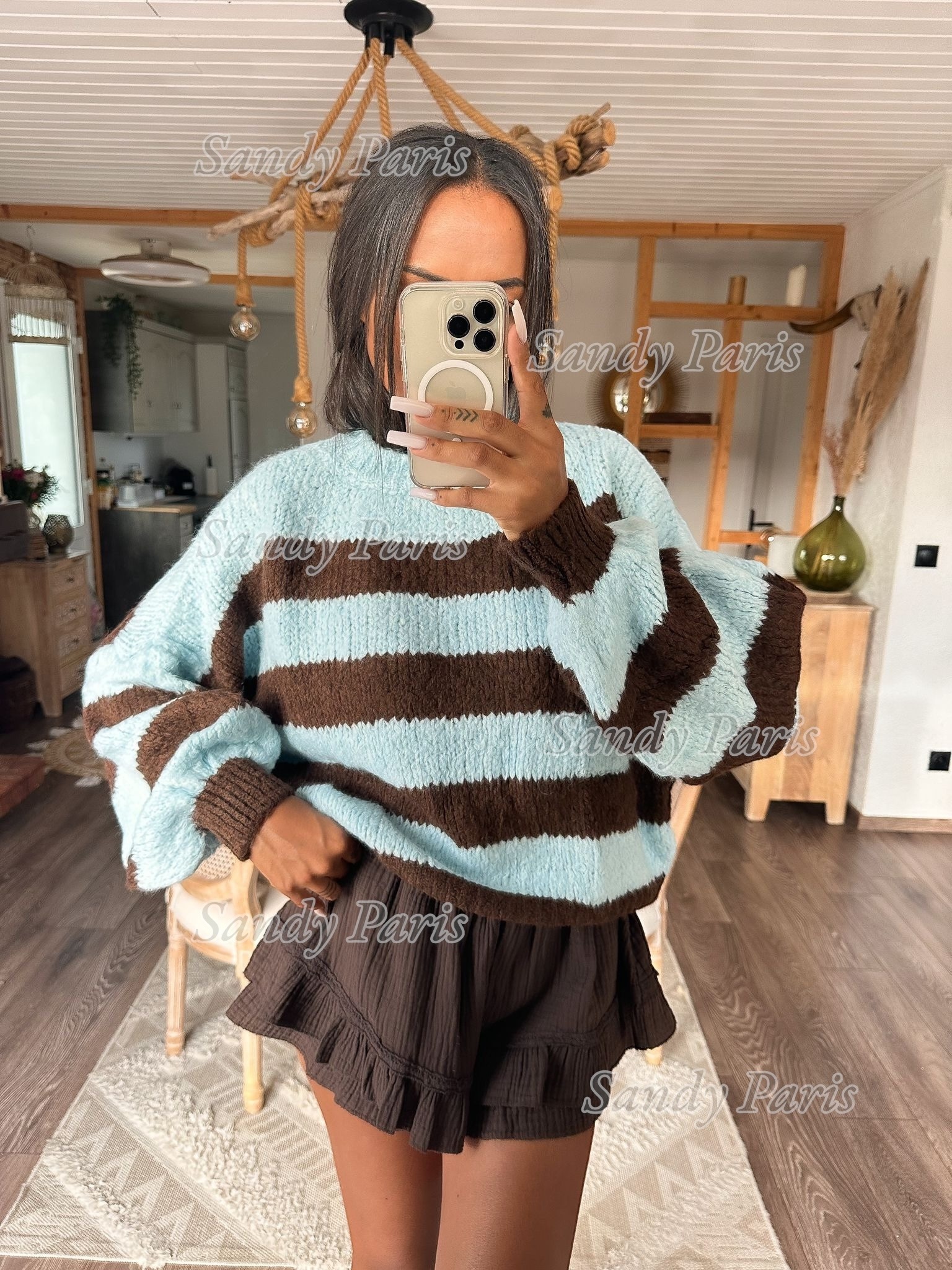 Wholesaler Sandy Paris - Striped Sweater with Puff Sleeves - Sandy Paris