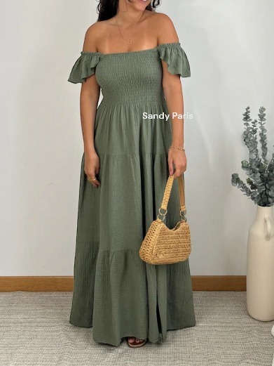 Mayorista Sandy Paris - Vestido Largo de Gasa de Algodón con Hombros Volantes - Elegancia y Comodidad Estival