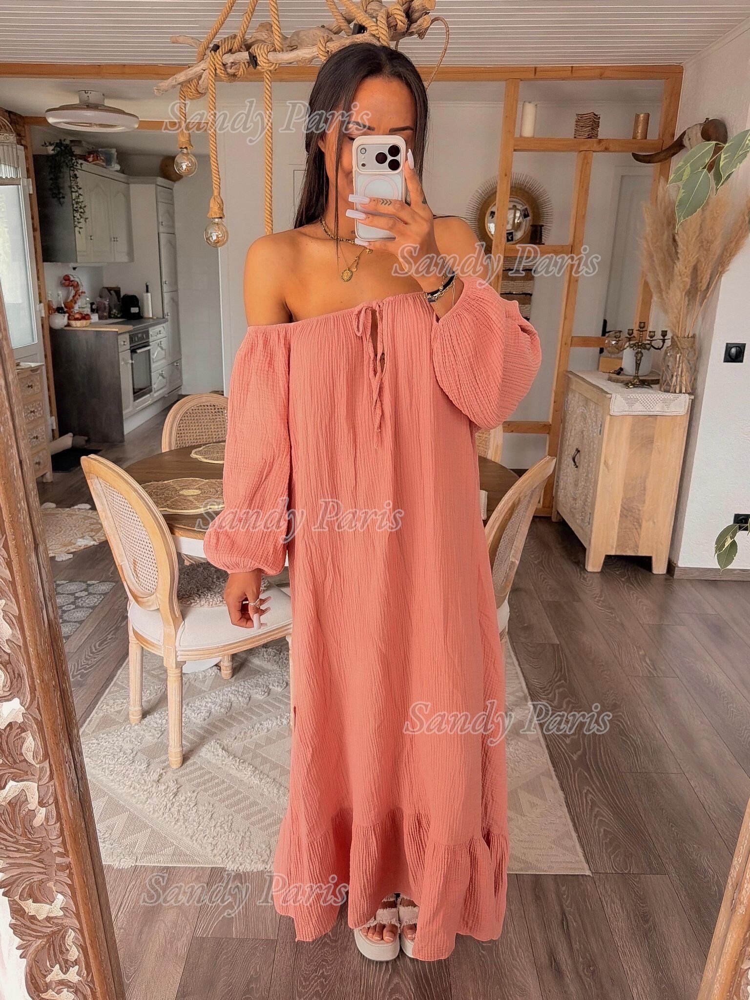 Großhändler Sandy Paris - Langes Kleid aus Baumwollgaze – Bohemian Charme & natürlicher Komfort