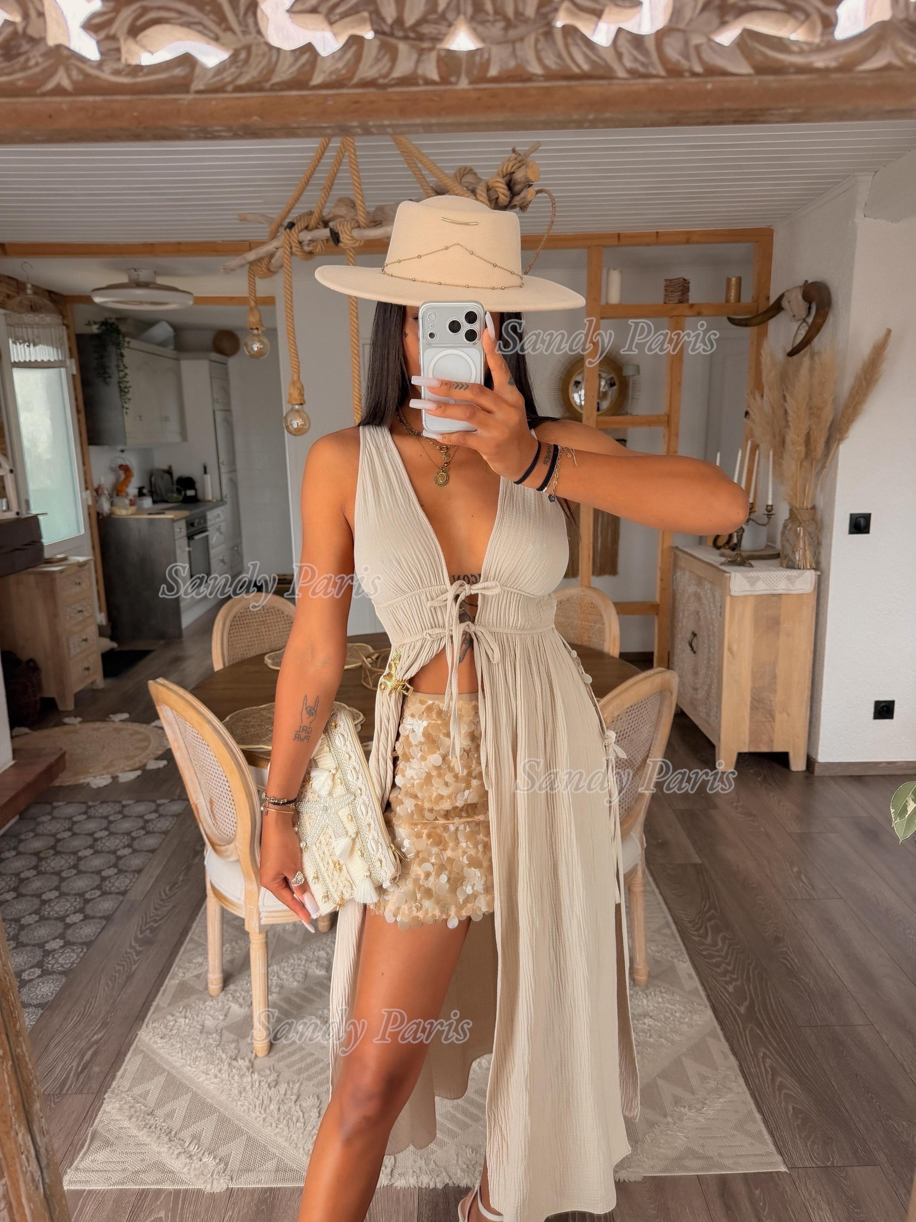 Großhändler Sandy Paris - Langes Kleid aus Baumwollgaze mit tiefem Ausschnitt und Bindebändern