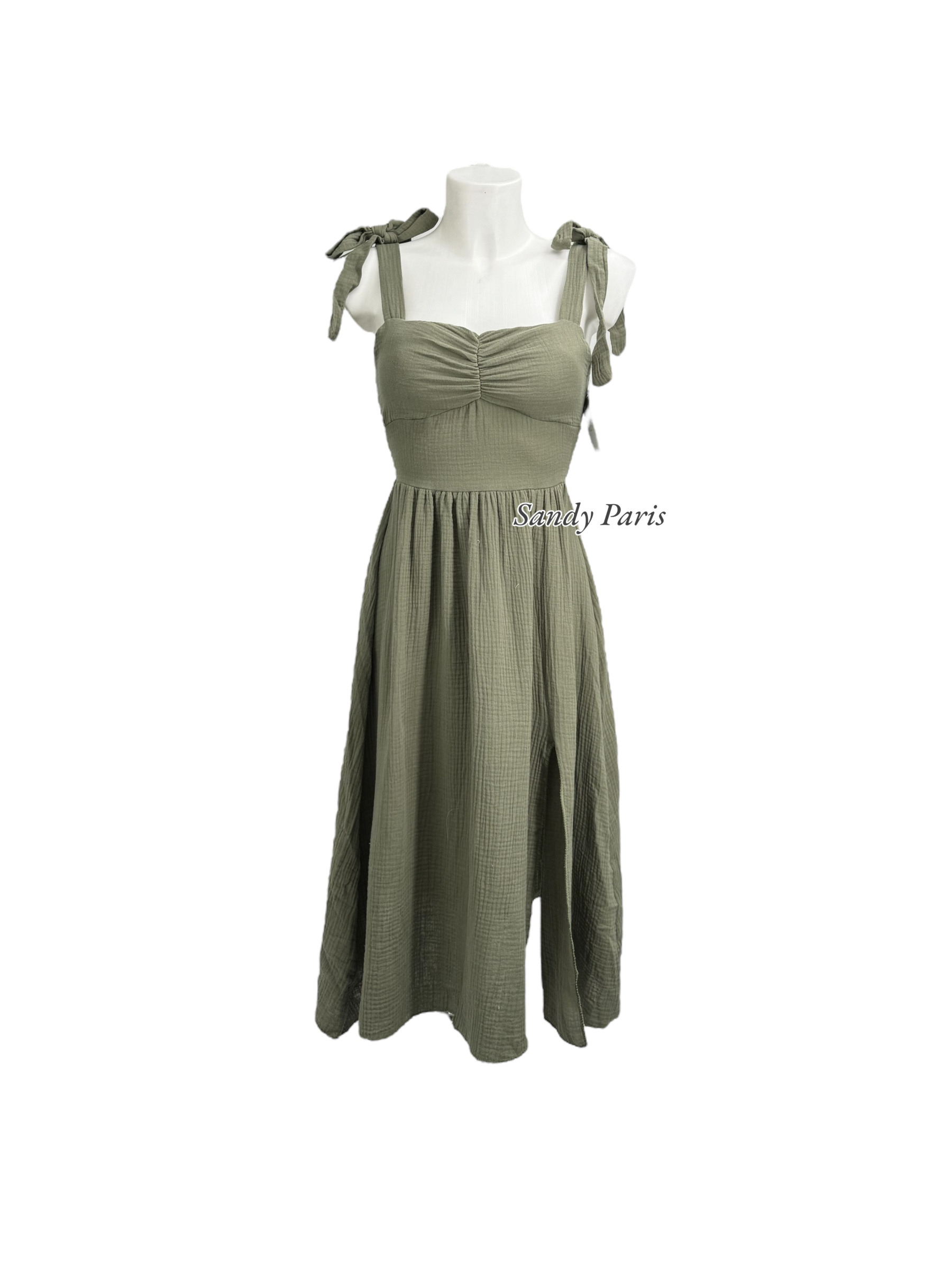 Grossista Sandy Paris - Abito Midi in Garza di Cotone con Spalline Annodate