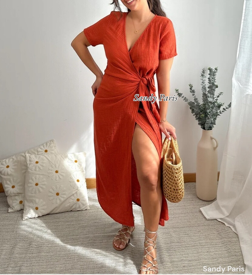 Wholesaler Sandy Paris - Long Wrap Dress in Cotton Gauze - Elegance and Casual Comfort