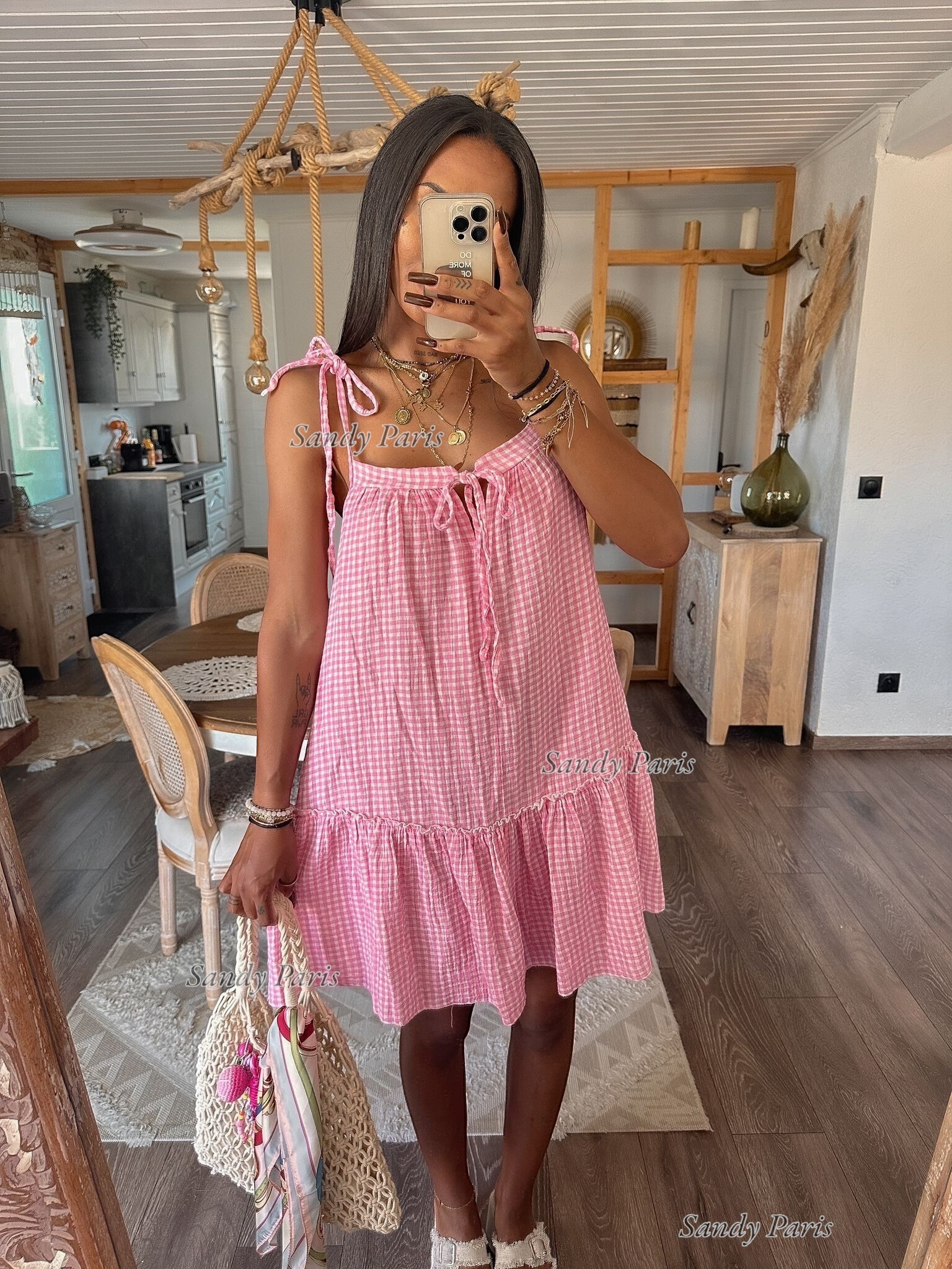 Grossiste Sandy Paris - Robe vichy bretelles nouées en coton gaze