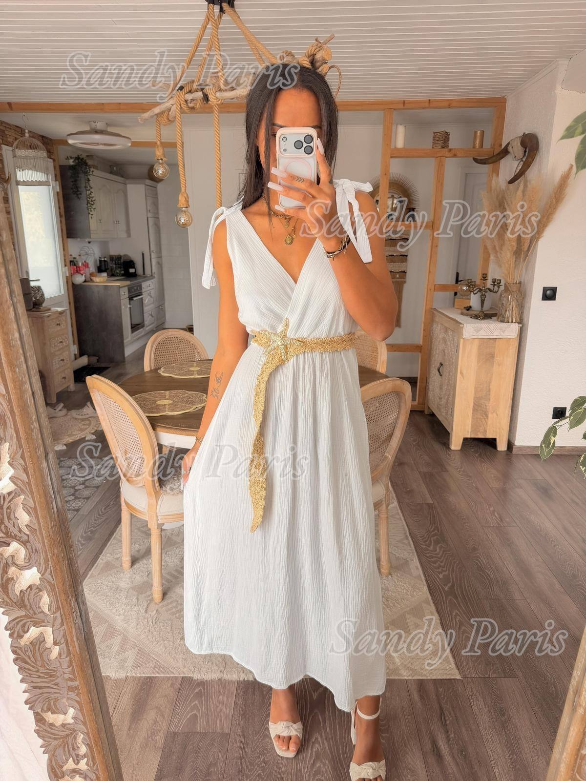 Mayorista Sandy Paris - Vestido largo de gasa de algodón con tirantes anudados