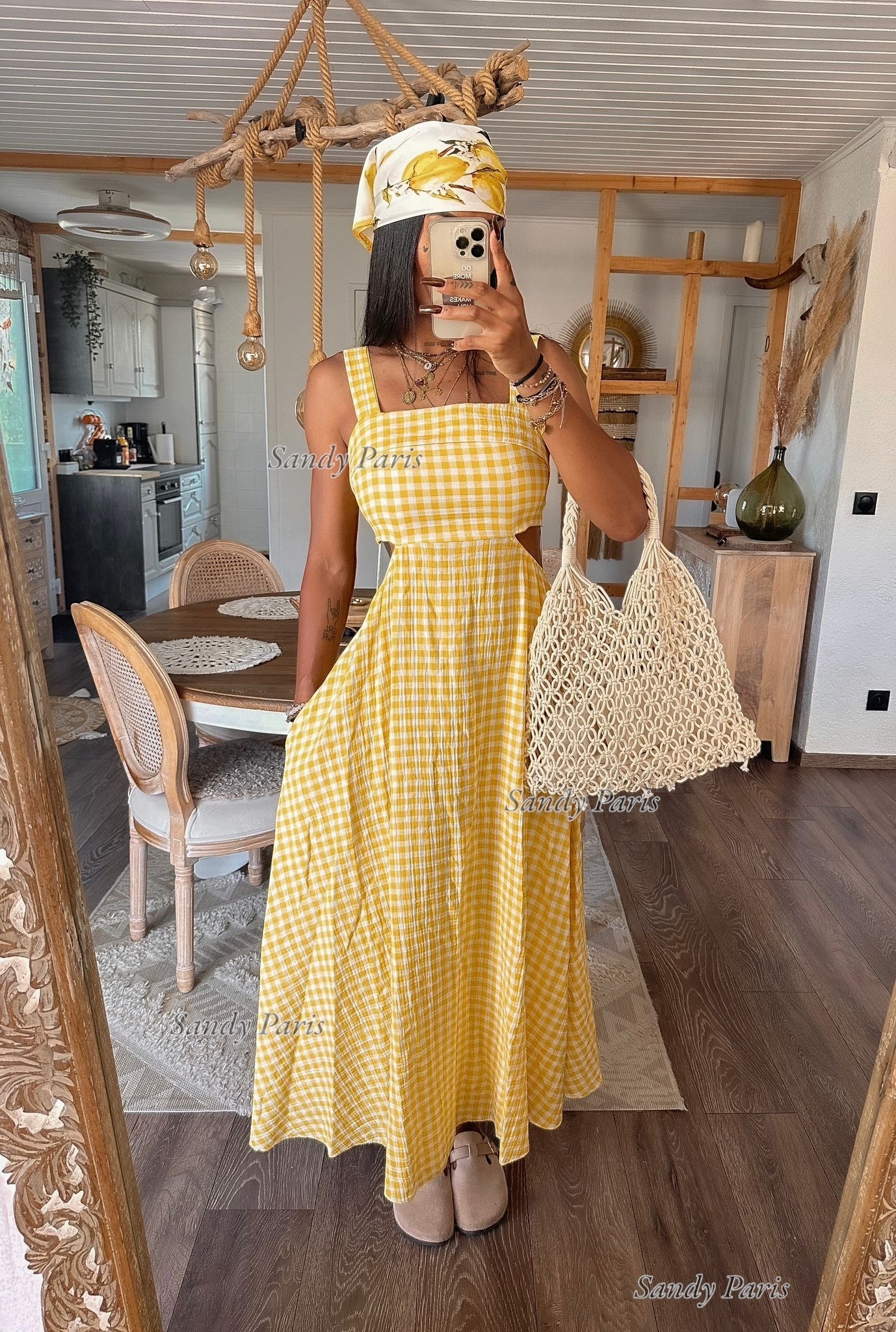 Grossiste Sandy Paris - Robe longue dos noué en coton gaze à carreaux