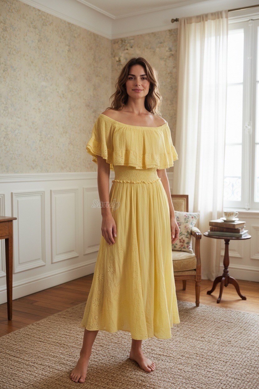 Grossista Sandy Paris - Abito lungo bardot con spalle scoperte – Stile bohémien
