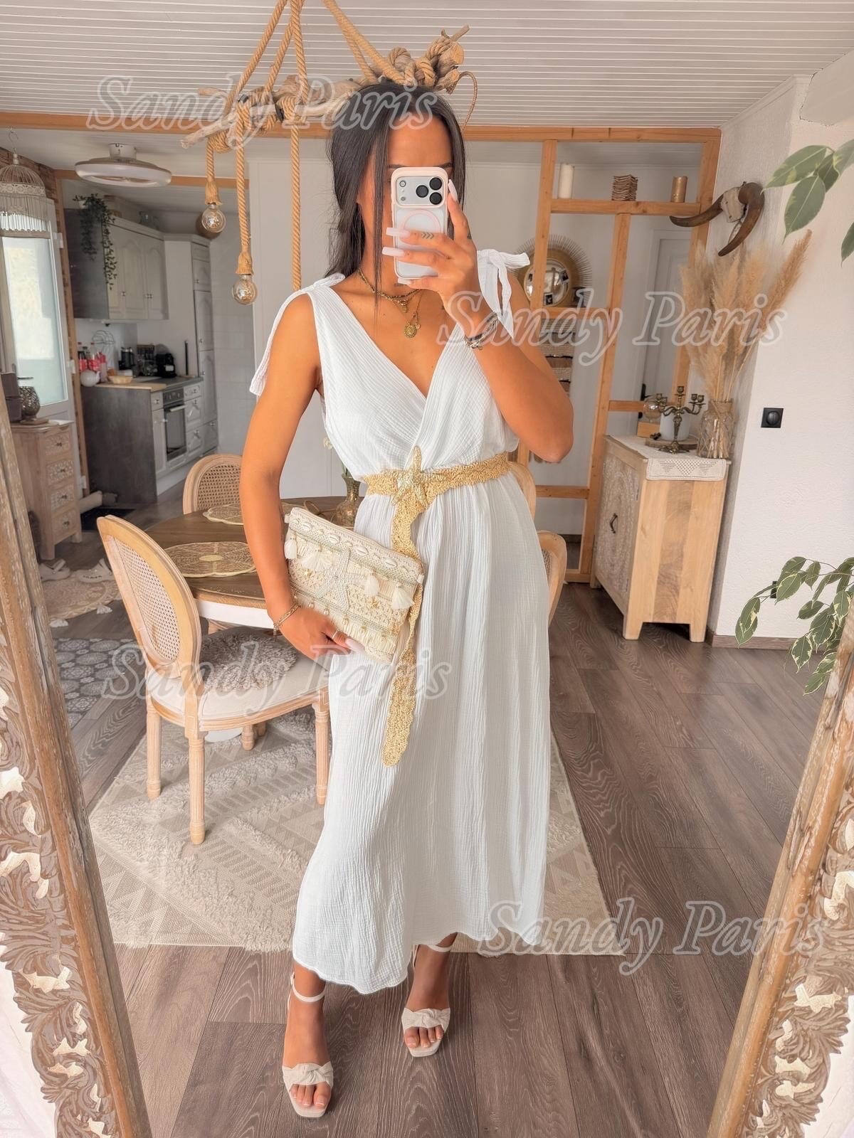 Großhändler Sandy Paris - Langes Kleid aus Baumwollgaze mit gebundenen Trägern