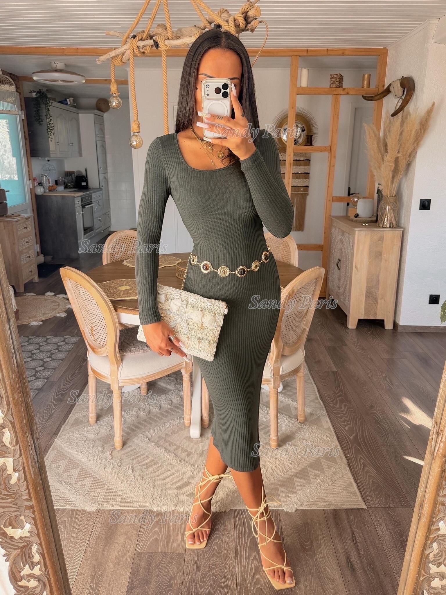 Mayorista Sandy Paris - Vestido Midi de Punto Canalé con Mangas Largas