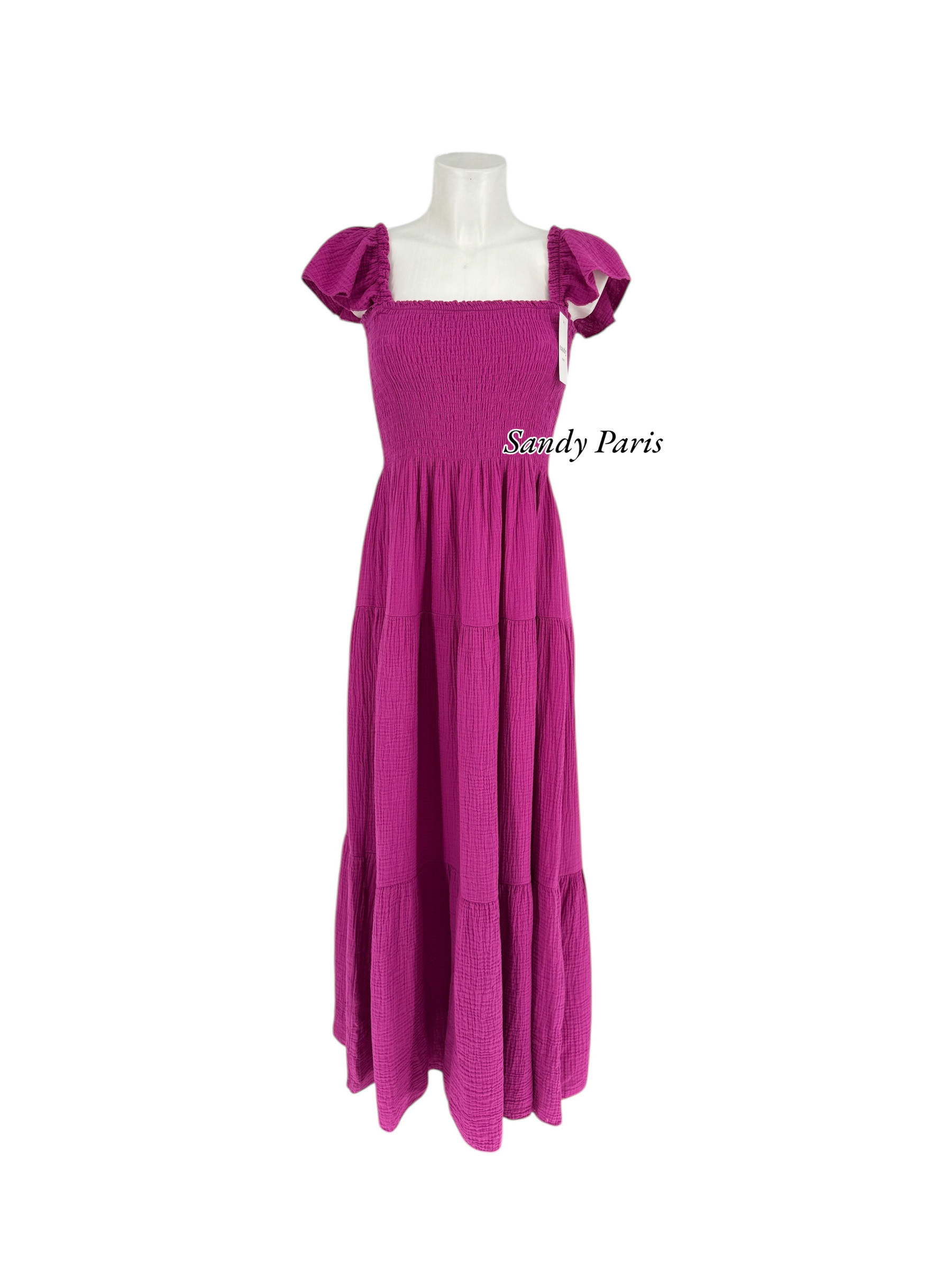 Großhändler Sandy Paris - Langes Kleid aus Baumwollgaze mit Rüschenärmeln - Eleganz und Komfort für den Sommer