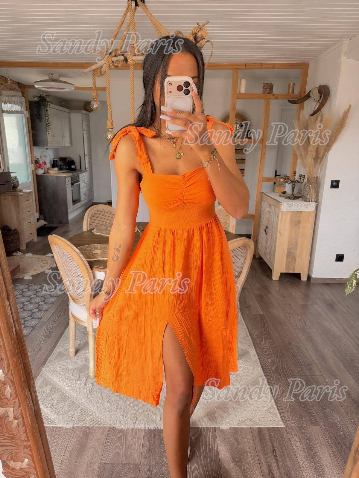 Mayorista Sandy Paris - Vestido Midi de Gasa de Algodón con Tirantes Anudados
