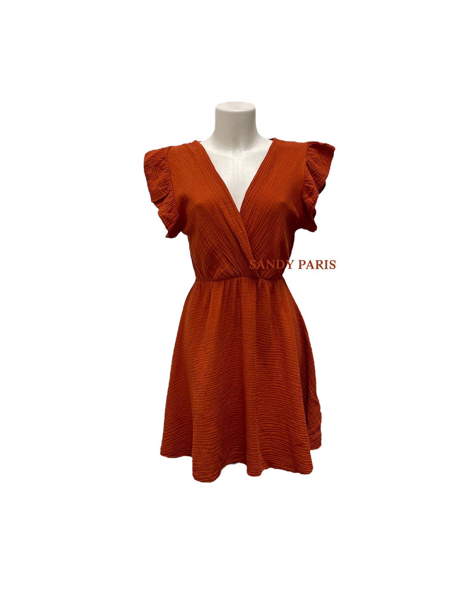 Grossista Sandy Paris - Abito Corto a Portafoglio in Garza di Cotone Rosa - Eleganza e Comfort Casual