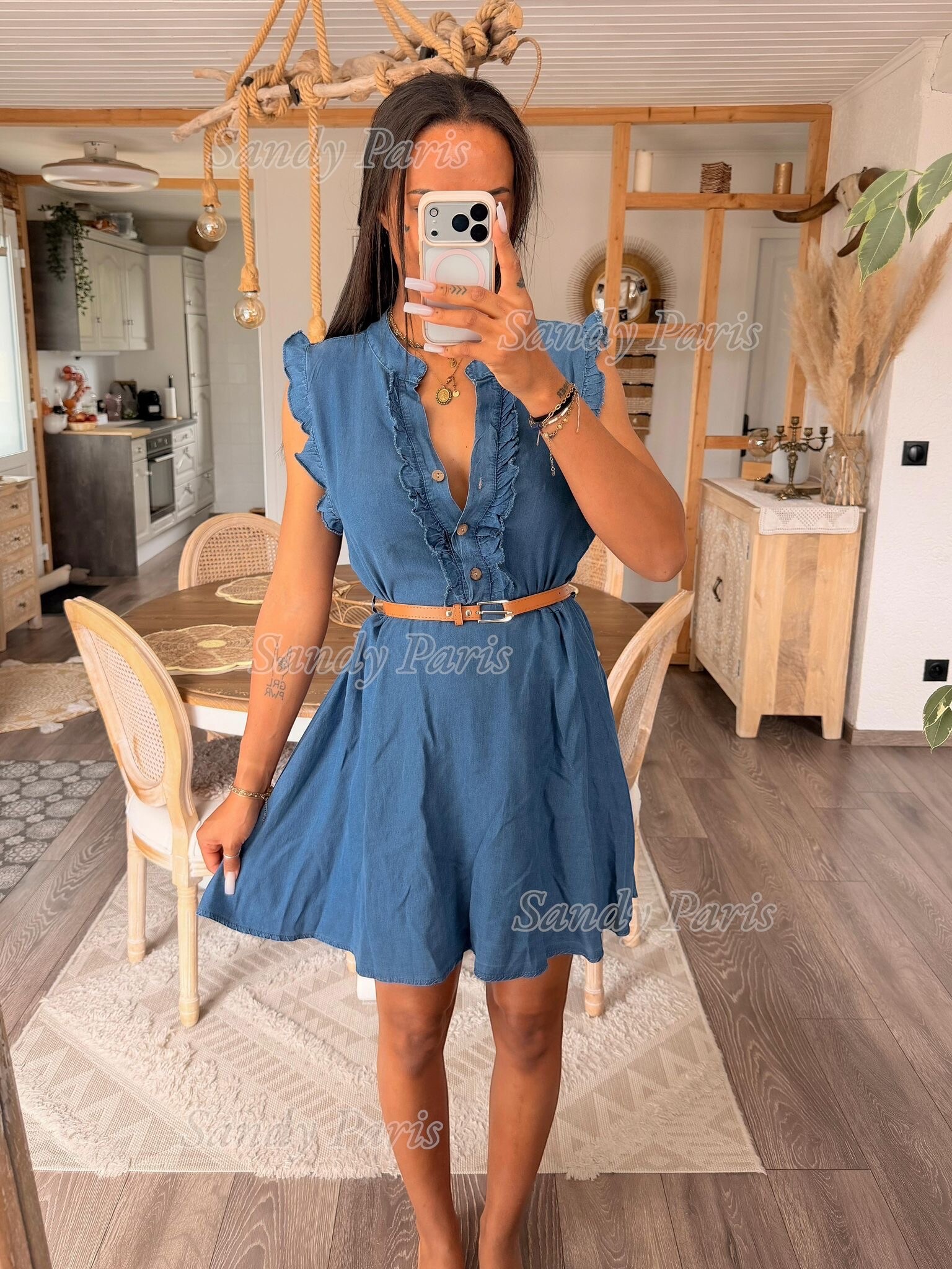 Mayorista Sandy Paris - Vestido de lyocell denim – Detalles con volantes y corte fluido